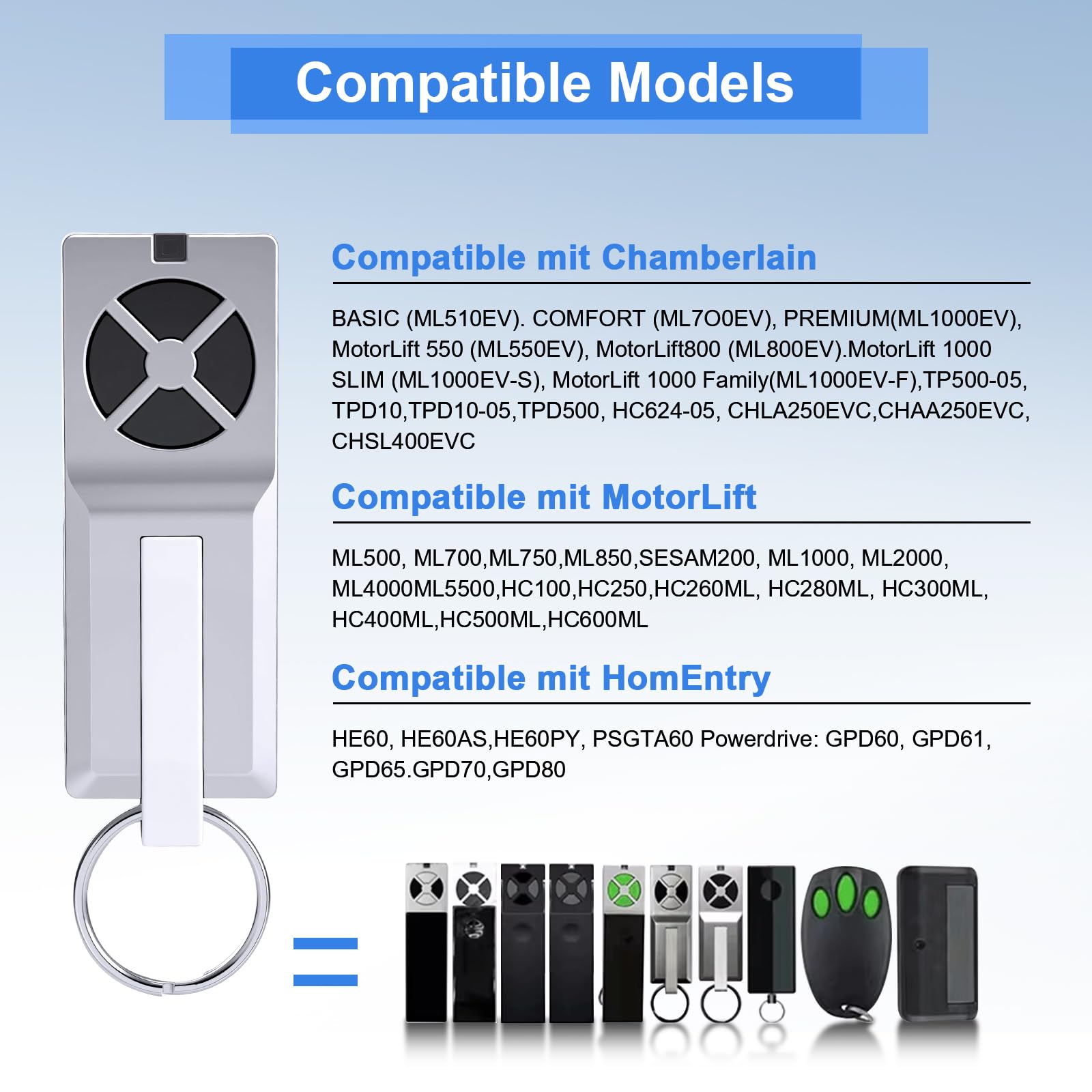 433,92MHz Fernbedienung für Garagentoröffner, kompatibel mit Chamberlain TX4RUNI,Handsender Telecommand passend für Chamberlain TX2EV TX2REV TX4UNI ML510EV ML700EV