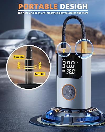 Miniatura 7 de Inflador de neumáticos, compresor de aire portátil, bomba de bicicleta, bomba de aire de 150 PSI para neumáticos de automóvil con pantalla LCD dual