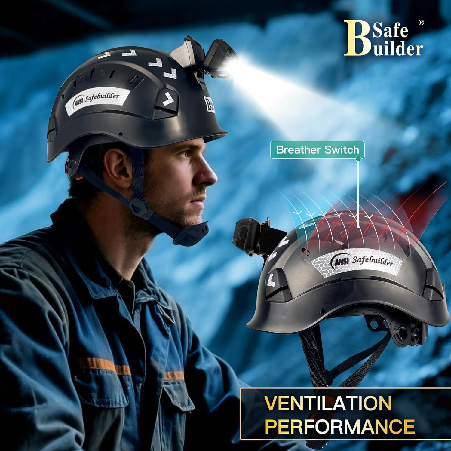 Safety Hard Hats with Build in Headlight Lightweight Breathable Vented Safety Helmet with Headlamp for Construction Industrial Outdoor Work Head Protection ANSI Approved