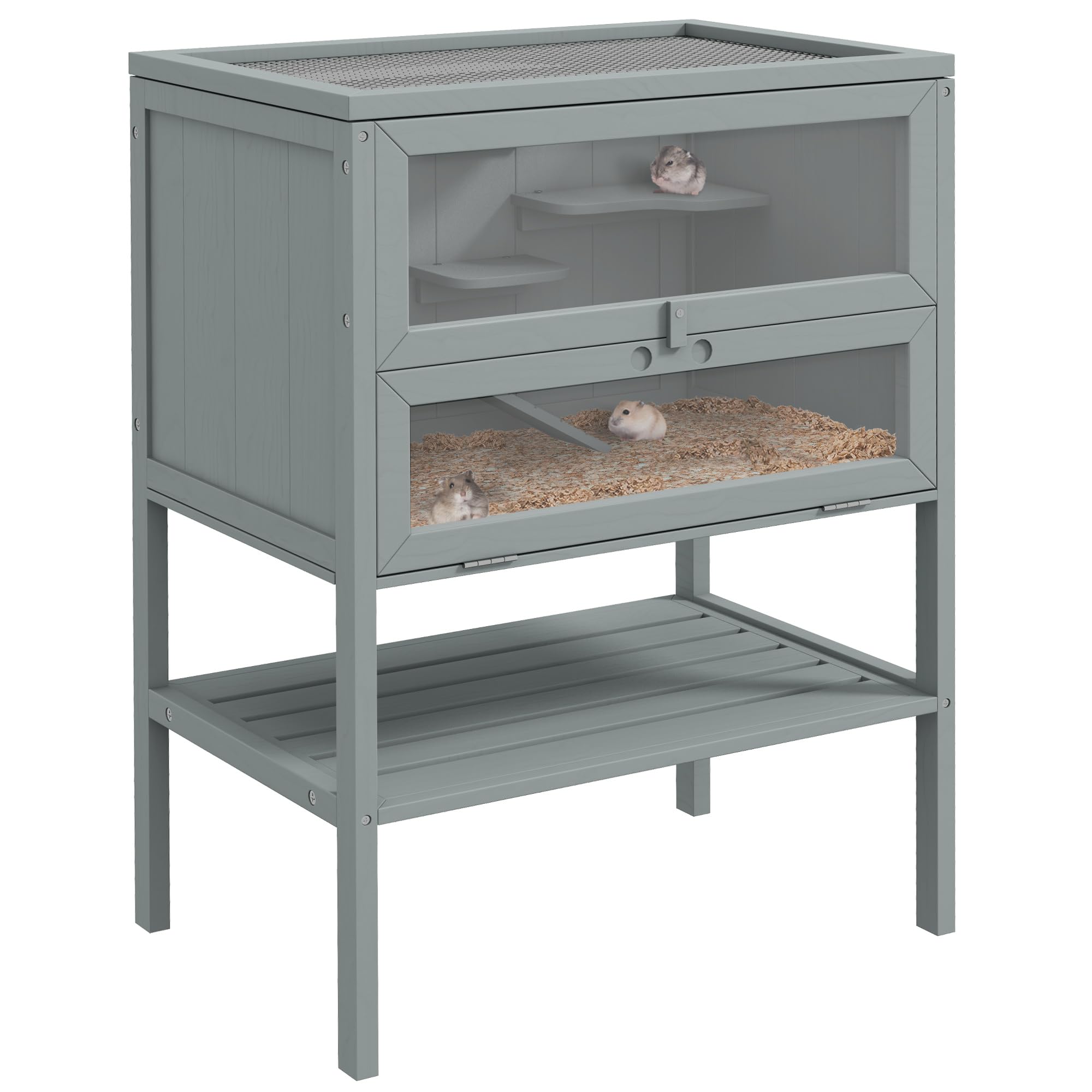 PawHut Jaula de Madera para Hámster con Estante 60x40x80 cm Gris | Casa de juego para animales pequeños, jaula para jerbo, techo abrible, rampa, para jerbos, hámsteres enanos