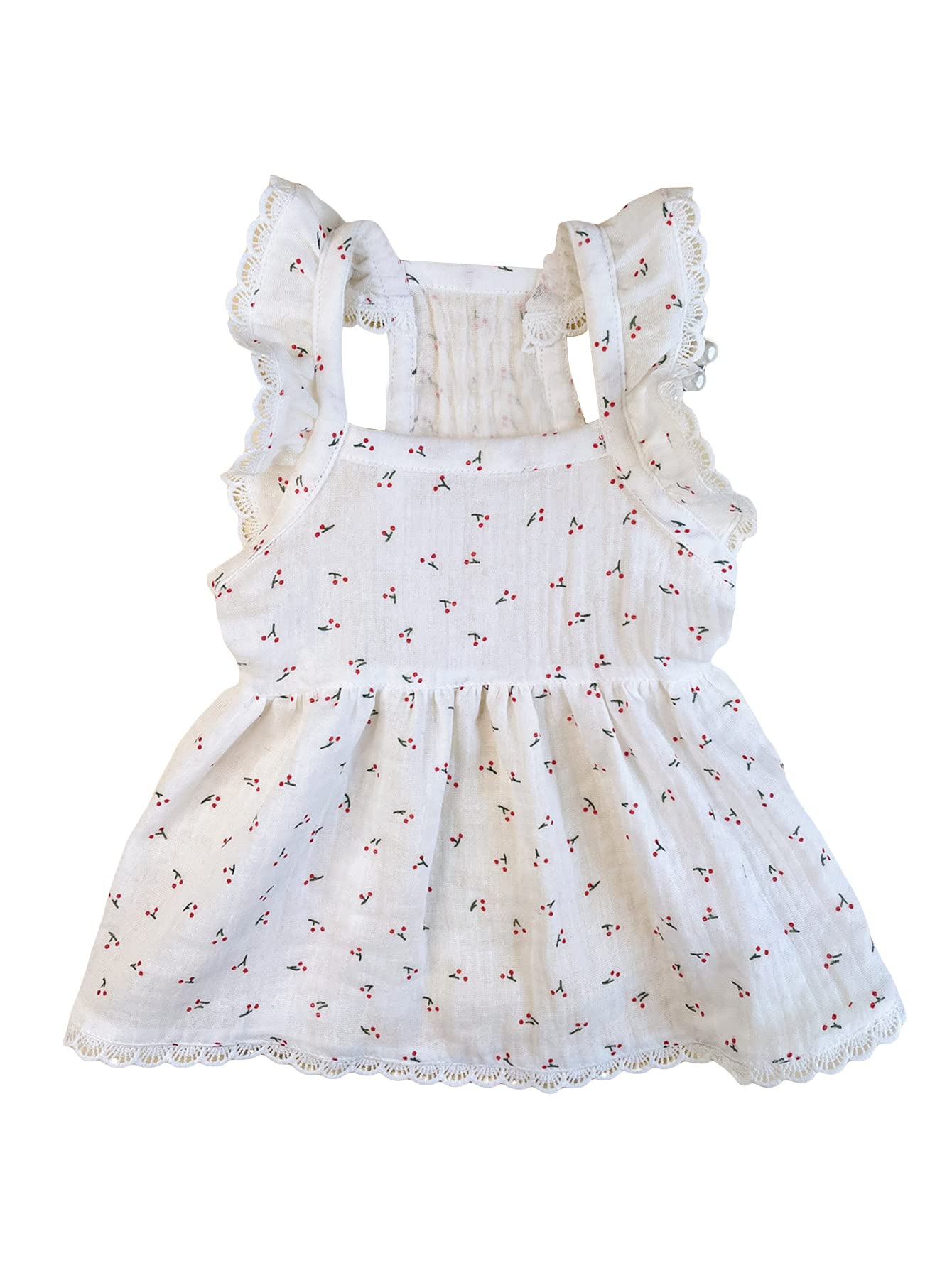 QWINEE Lace Trim Dog Dress Apparel Cherry Print Cat Puppy Skirts Cute Pet Tutu Breathable Summer Birthday Holiday Dress for Small Medium Dogs Cats