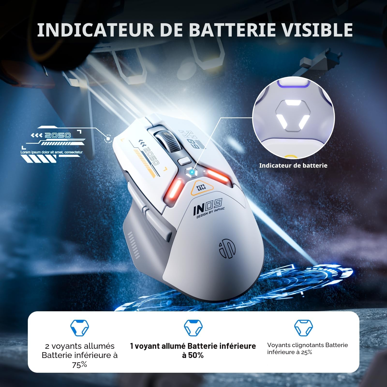 inphic IN9 Souris Gamer sans Fil/Bluetooth/Filaire, 10000 DPI, 6 Boutons Programmables, Tri-Mode Ergonomique Rechargeable avec Éclairage RVB Personnalisable pour Ordinadeur/PC