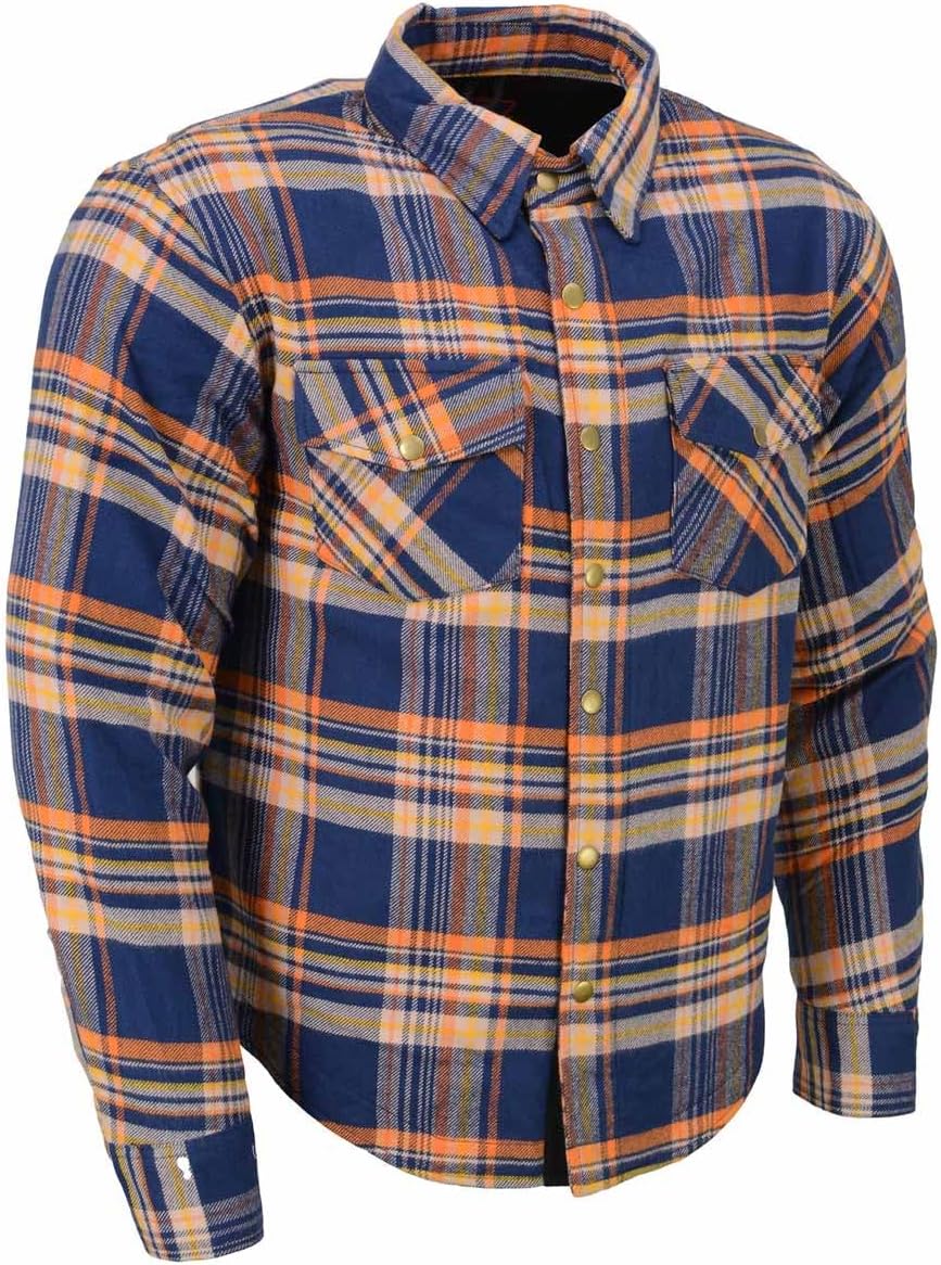 Milwaukee Leather MPM1656 Blue and Orange Flannel Biker Shirt for Men with CE Armor - Reinforced w/Aramid Fiber