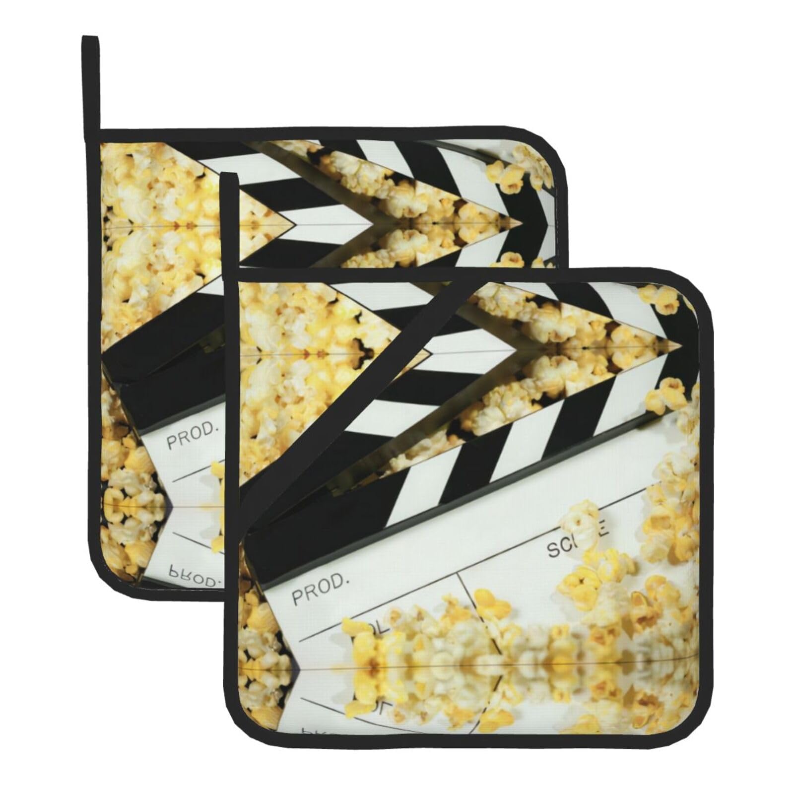 WHJSHOP Cinema Movie Clapboard And Popcorn Prints Square Hot Pads for Kitchen Counter - Thick Heat Resistant Trivets for Microwave & Oven, BBQ Grilling Cover (2 Pack)
