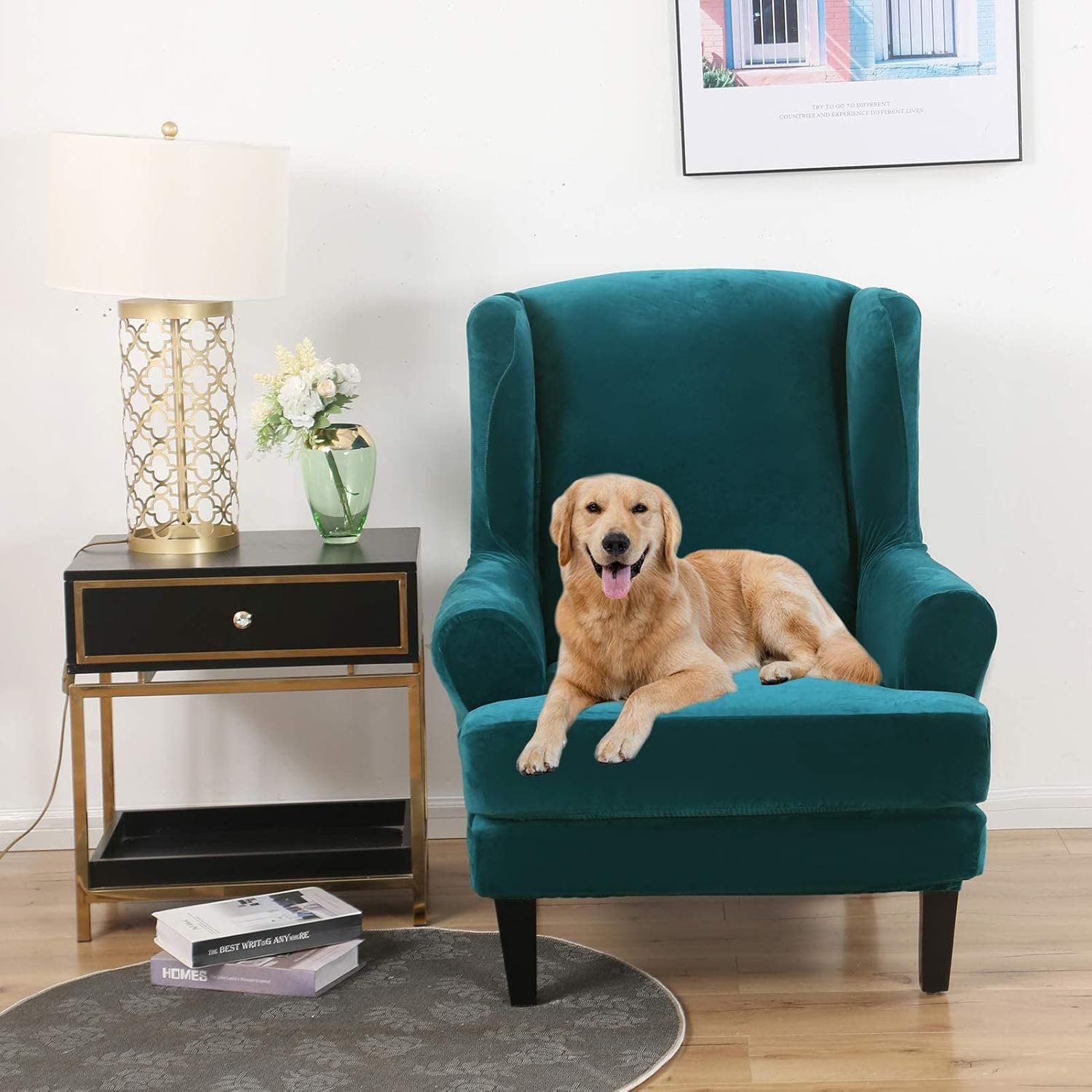 JIAN YA NA Wingback Chair Cover, Stretch Velvet Wing Chair Slipcovers 2 Piece, Wingback Armchair Sofa Slipcover Super Soft Fabric Furniture Protector with Elastic Bottom for Living Room Bedroom Hotel