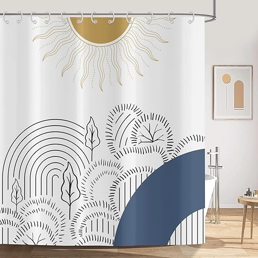 ASDCXZ Cortina de ducha bohemia de 180 x 180 cm, diseño abstracto, moderno, con líneas de sol, color blanco, lavable, decoración de baño, impermeable, tela de poliéster, con 12 ganchos