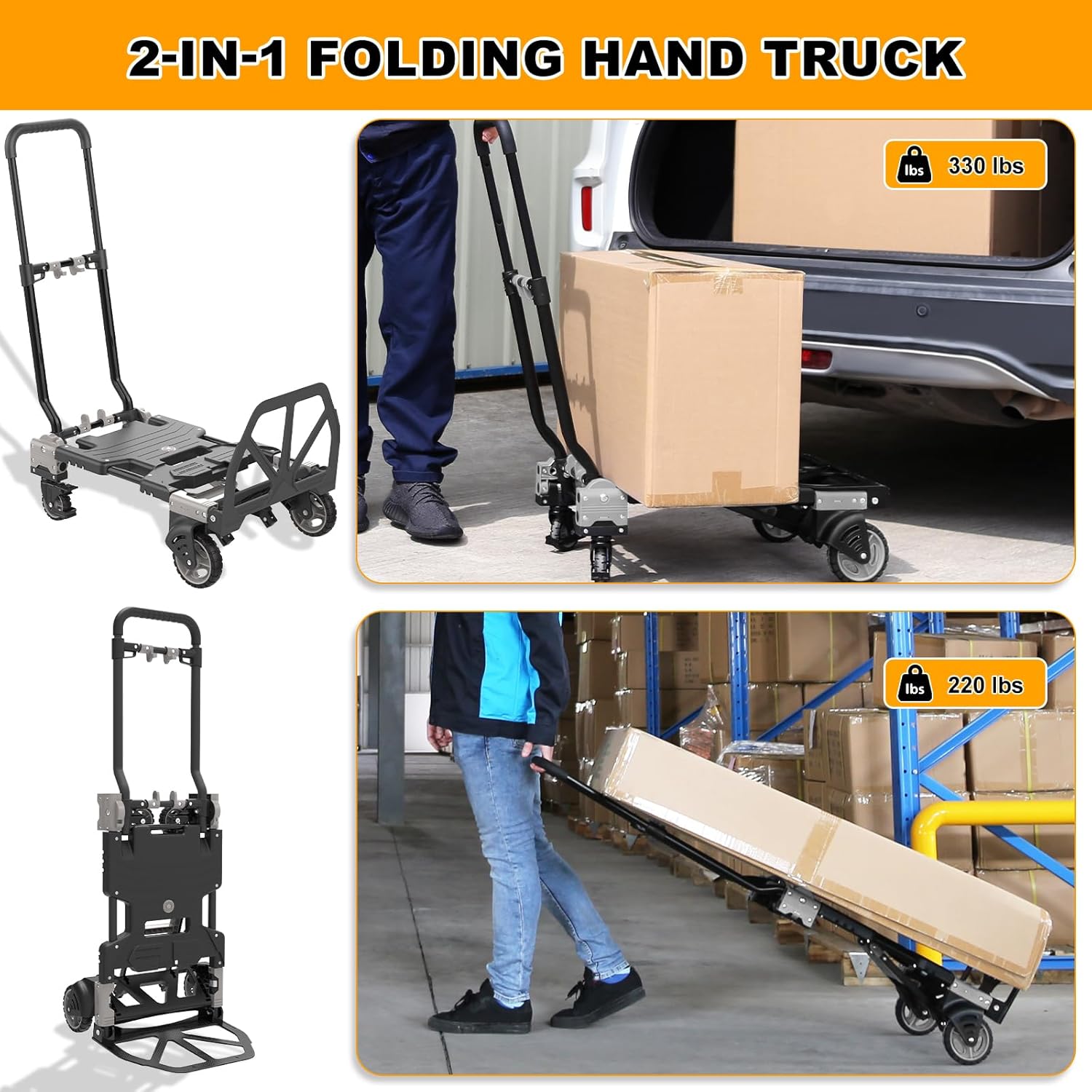 2 in 1 Hand Truck Dolly Foldable with 2 Pcs Folding Basket, 330LB Dolly Collapsible Cart with Wheels, Folding Hand Truck with Retractable Handle, Include 2 Bungee Cords, for Moving, Luggage, Office