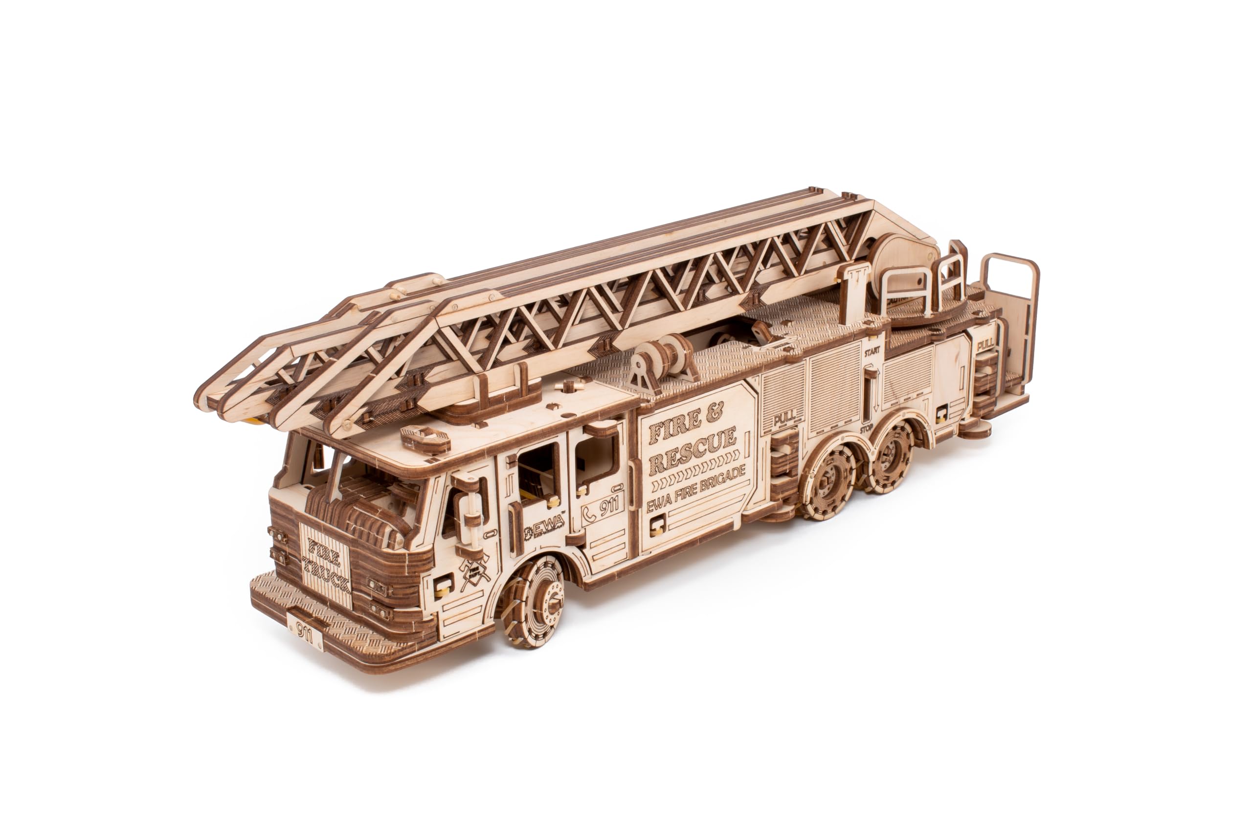 MAGICHOLZ – 3D Holzpuzzle Modellbau Feuerwehrauto LKW – Mechanischer Holzbausatz mit Aufziehmotor – 3D Puzzle Holz Modellbausatz Erwachsene – DIY Set, kein Kleber erforderlich