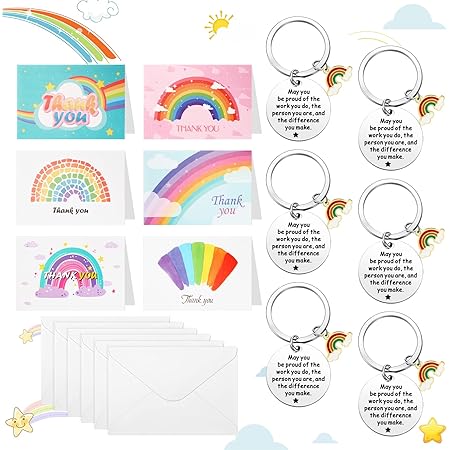 Thank You Cards With Keyring - 6 Pack Appreciation Gift With Envelopes Stickers Rainbow Keychain - View #6