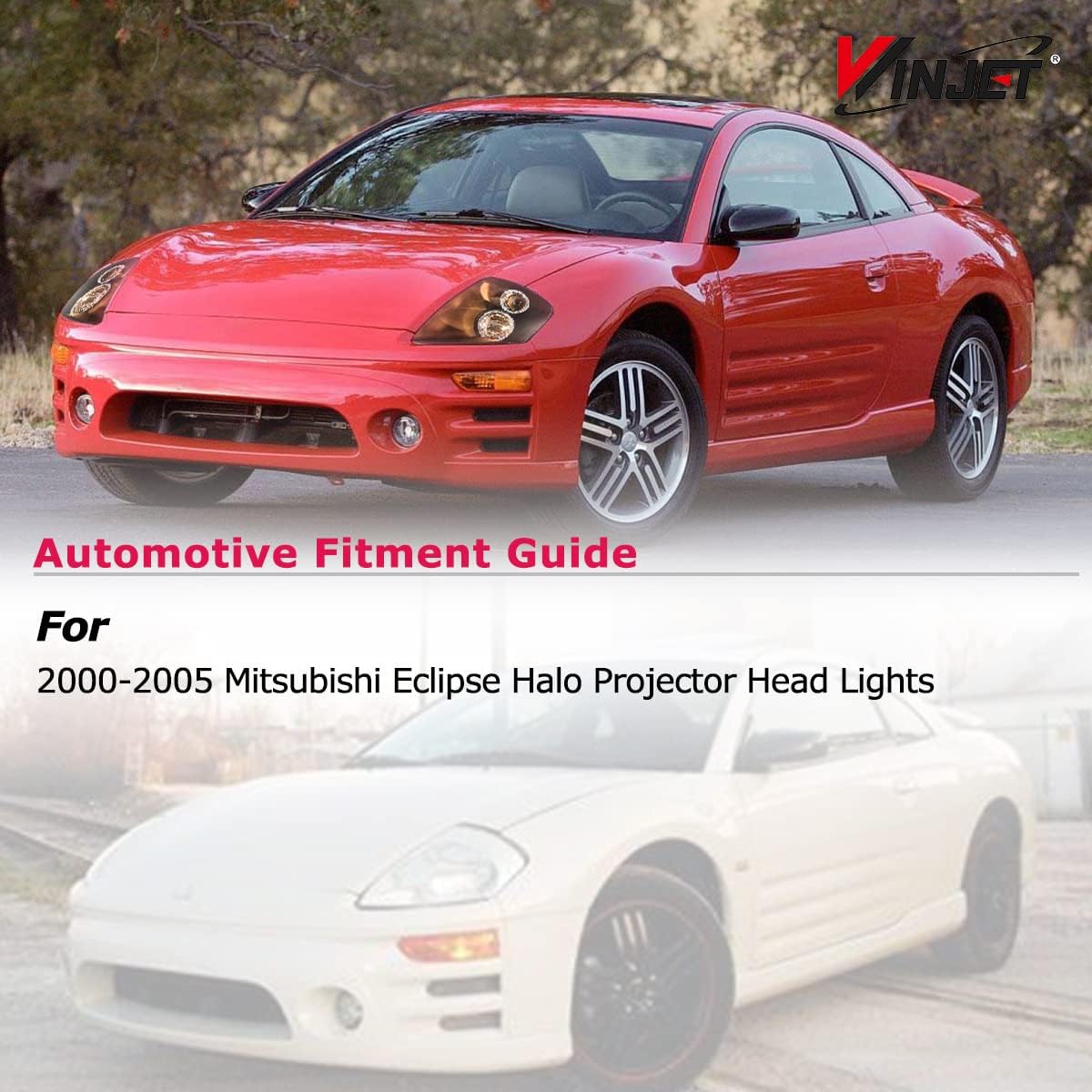 Winjet Headlight Assembly Fit for 2000 2001 2002 2003 2004 2005 Mitsubishi Eclipse 3G Halo Projector,2000-2005 Mitsubishi Eclipse LED DRL Halo Projector Headlights Replacement(Black/Clear Lens)