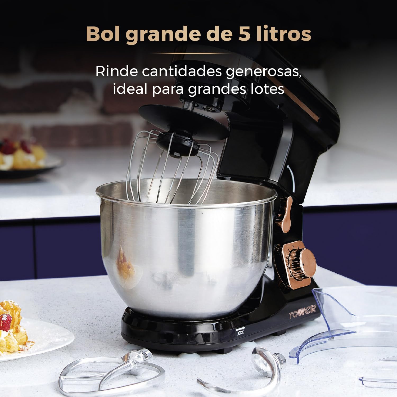 Tower T12033RG Batidora Amasadora 3 en 1 – Amasadora de Repostería de 6 Velocidades y Ajuste por Pulsaciones – Amasadora de Pan 1000 W, Negro y Oro Rosa