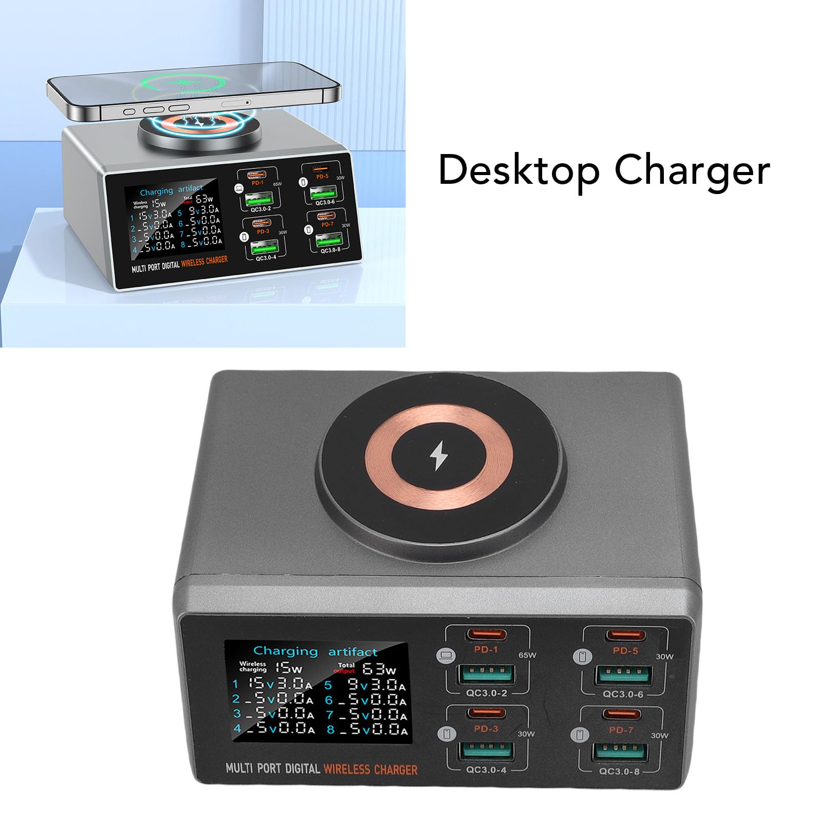 Fockety Stazione di ricarica USB, stazione di ricarica da tavolo a 8 porte da 140W con caricatore wireless, supporta la ricarica di 9 dispositivi contemporaneamente, per telefoni, (Spina europea)