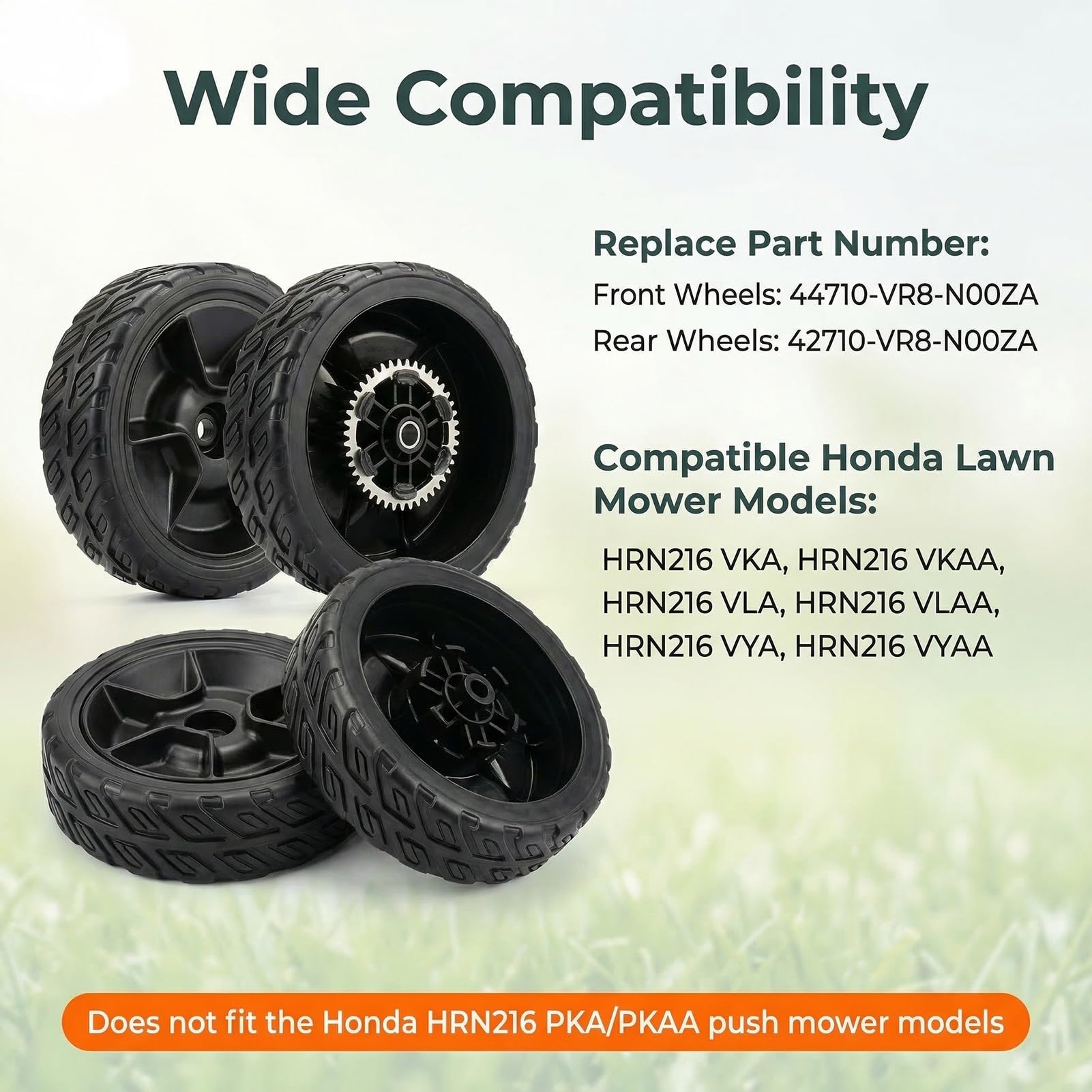 Juego de 4 ruedas para cortacésped de 8 pulgadas para Honda HRN216, incluye 2 ruedas traseras 42710-VR8-N00ZA y 2 ruedas delanteras 44710-VR8-N00ZA, compatible con modelos HRN216 VKA VYA VLA