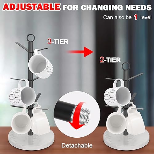 Miniatura 2 de HarJue Soporte para tazas, soporte para tazas de café, base gruesa para cocina, hogar, bar, gabinete, 7 ganchos (3 niveles, negro mate)