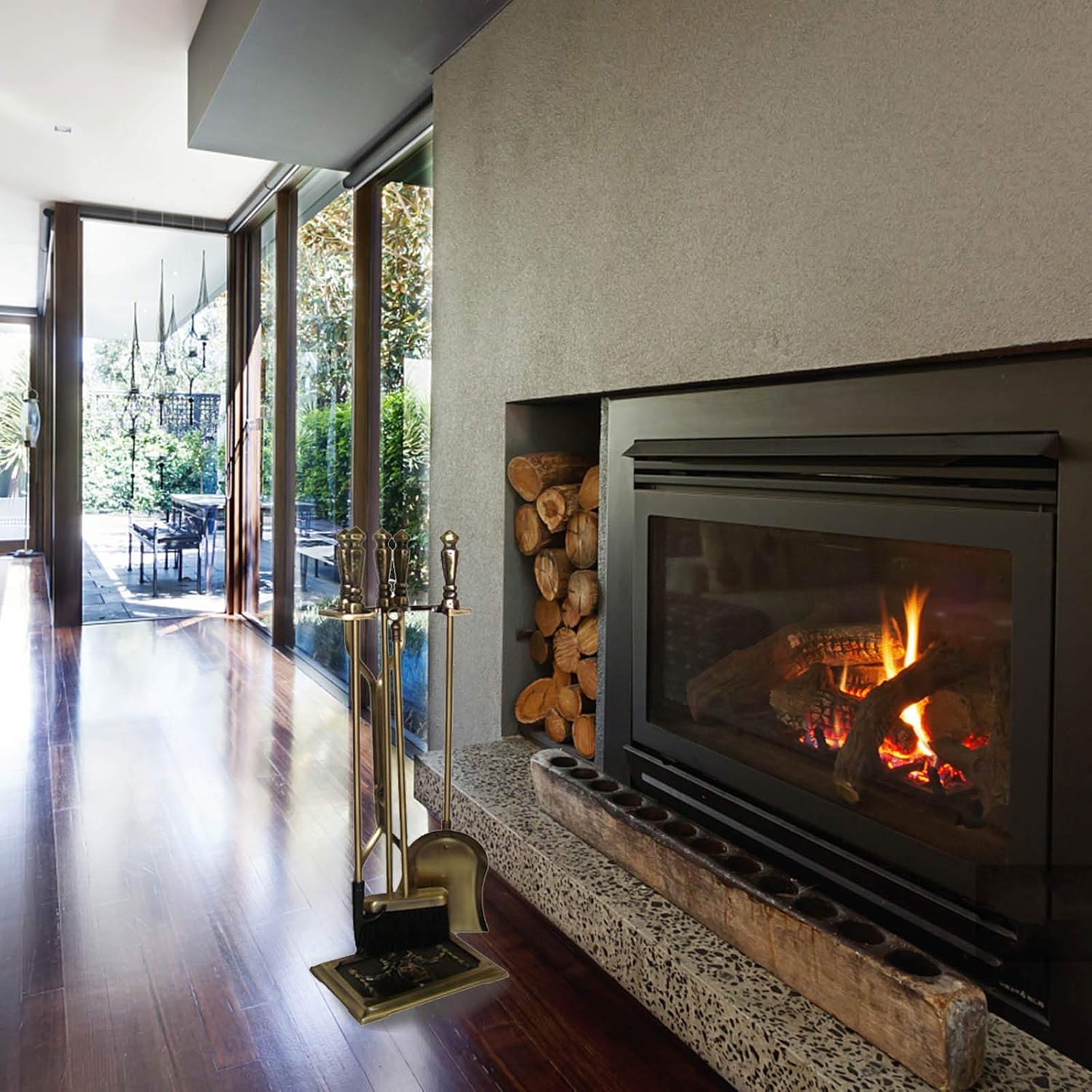 Heavy Duty Fireplace Tools Set, 5-Piece Brass Wrought Iron Fire Place Toolset with Poker, Shovel, Tongs, Brush, Stand, for Outdoor Indoor Chimney, Hearth, Stove, Firepit