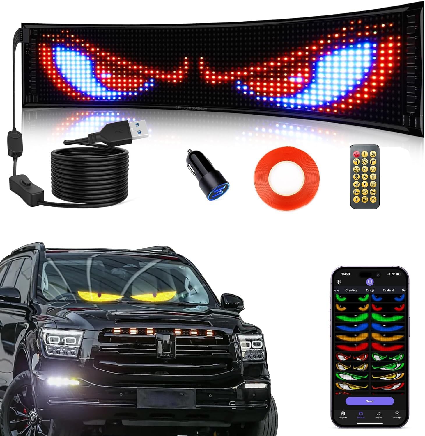Devil Eyes Light, 1pcs 23.42''x4.72'' Programmable LED Display for Car, Scrolling Led Light Sign for Car Window, Led Eyes for Windshield with APP Control and Remote Controller