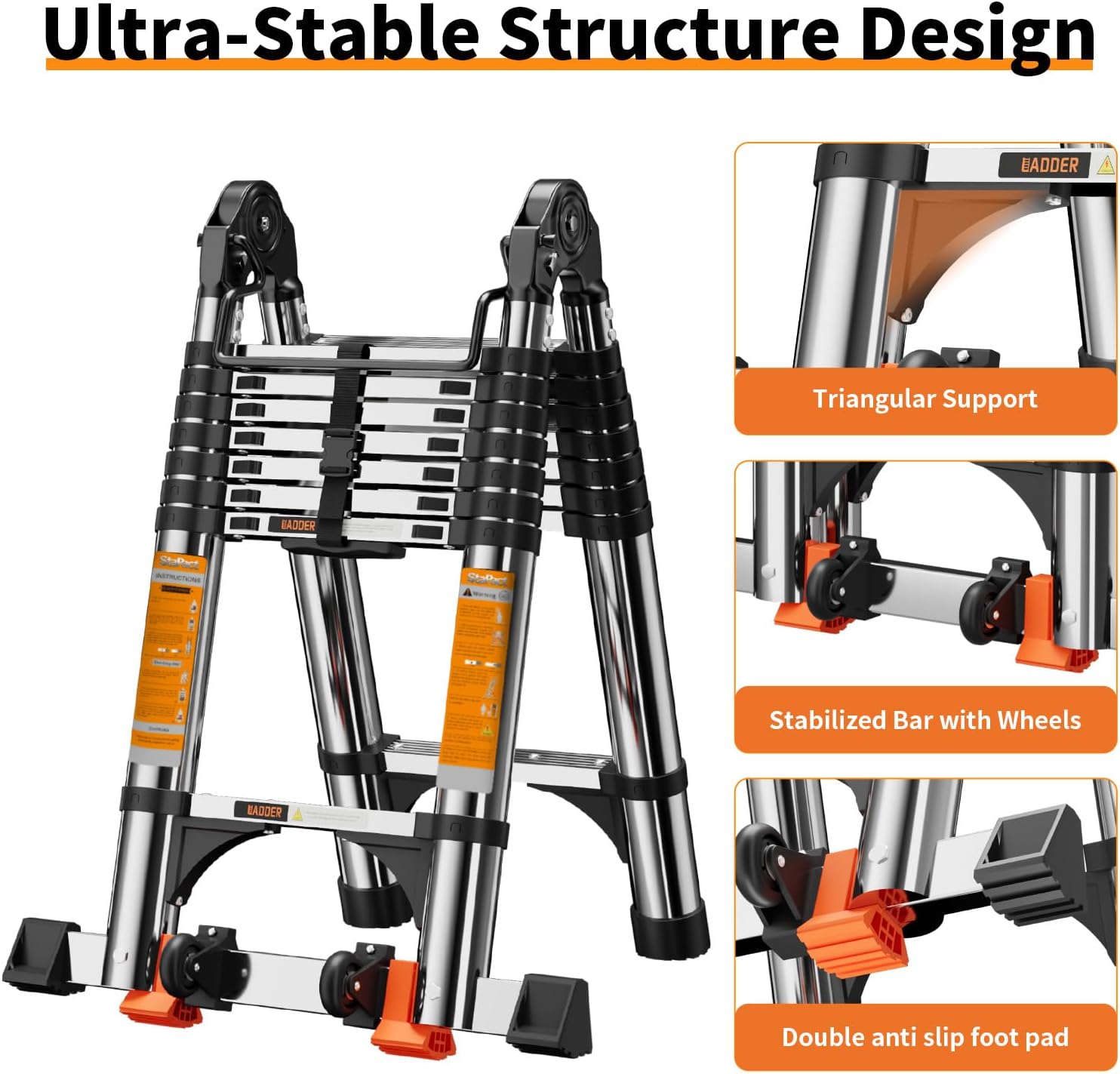 Telescoping Ladder A Frame,Telescopic Ladder for Home, Roof, RV，12.5 Ft Stainless Steel Extension Ladder with Balance Bar,Wheels and 2 Triangle Stabilizers，330 lb Capacity (12.5FT-A Frame)
