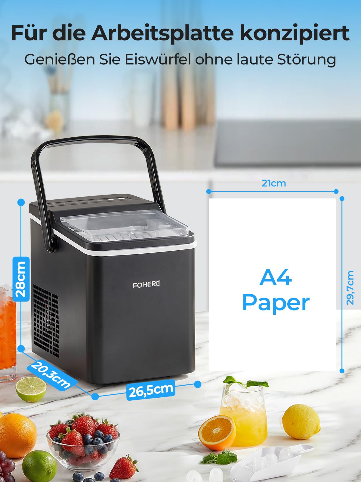 FOHERE Eiswürfelmaschine 14kg/24Std 9 Bullet Eiswürfel in 5 Minuten 2 Größen Selbstreinigend Tragbar