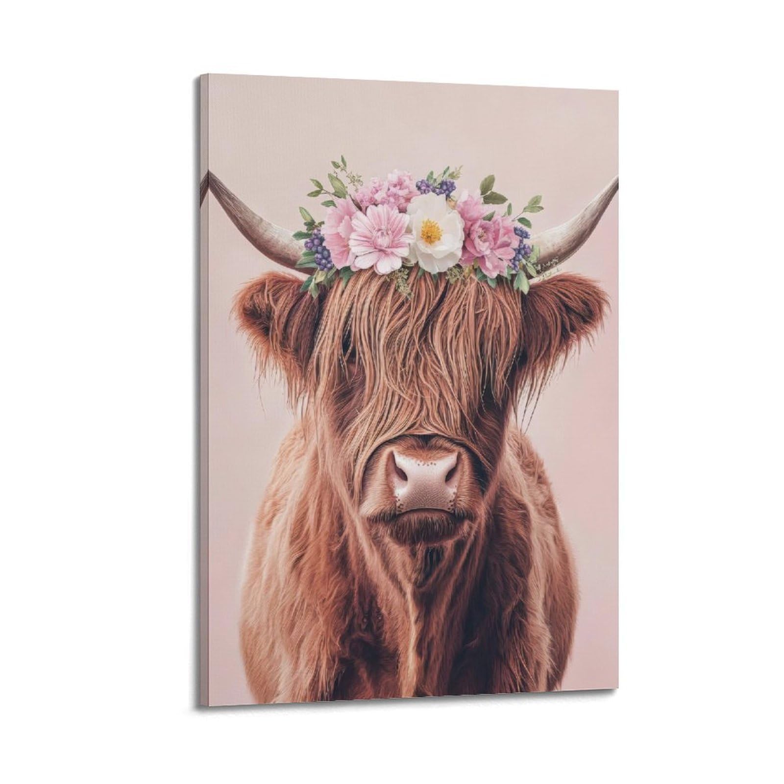ESTE Highland Cow Flowers Artwork Poster Decorative Painting Canvas Modern Art Picture 24x36inch(60x90cm)