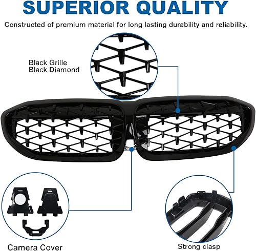 Miniatura 182 de Rejilla frontal negra brillante compatible con BMW Serie 3 G20 2019 2020 2021 2022 316i 318i 320i 328i 330i 330i 335i 340i Doble lamas negro
