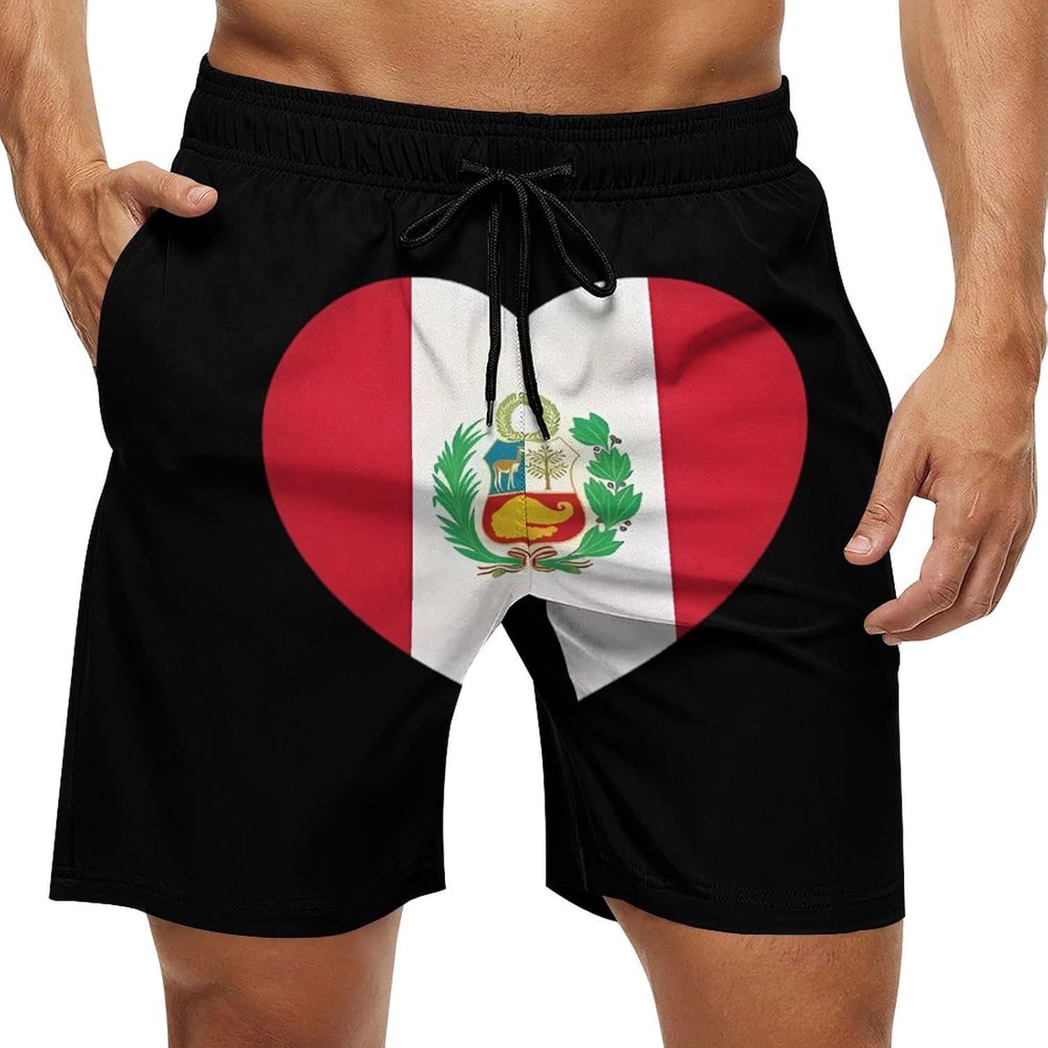 Peru Flag Heart Casual Men's Swim Trunks Novelty Summer Beach Shorts Swimwear with Pocket