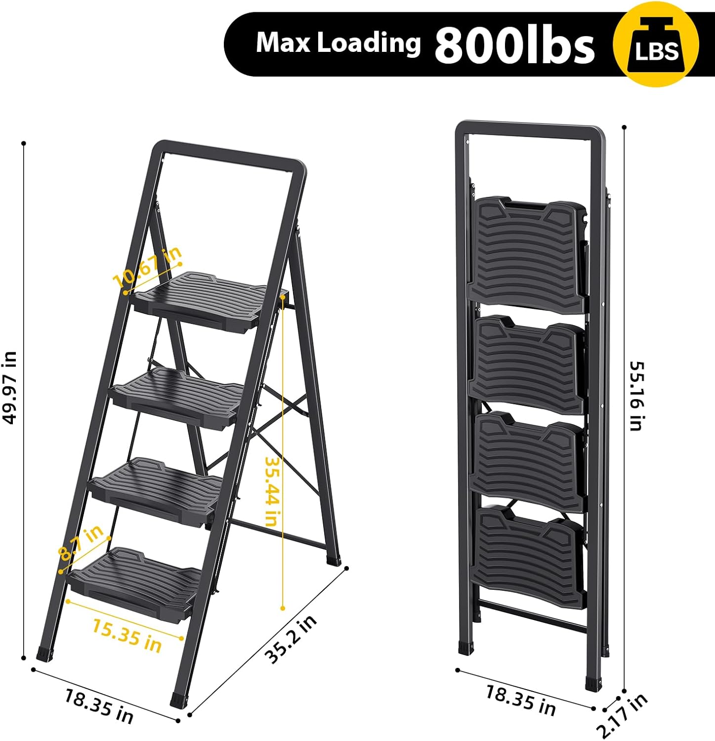 TOOLF 4 Step Ladder, Folding Steel Step Stool with Handrails, Wide Anti-Slip Pedals, 800lbs Capacity, Lightweight Ladder for Home, Office & Garage, Black