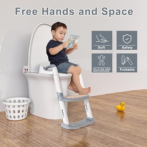Vista 2 de GLAF Asiento de inodoro de entrenamiento para niños pequeños con taburetes escalonados para niños y niñas, asiento ajustable 2 en 1 con almohadillas