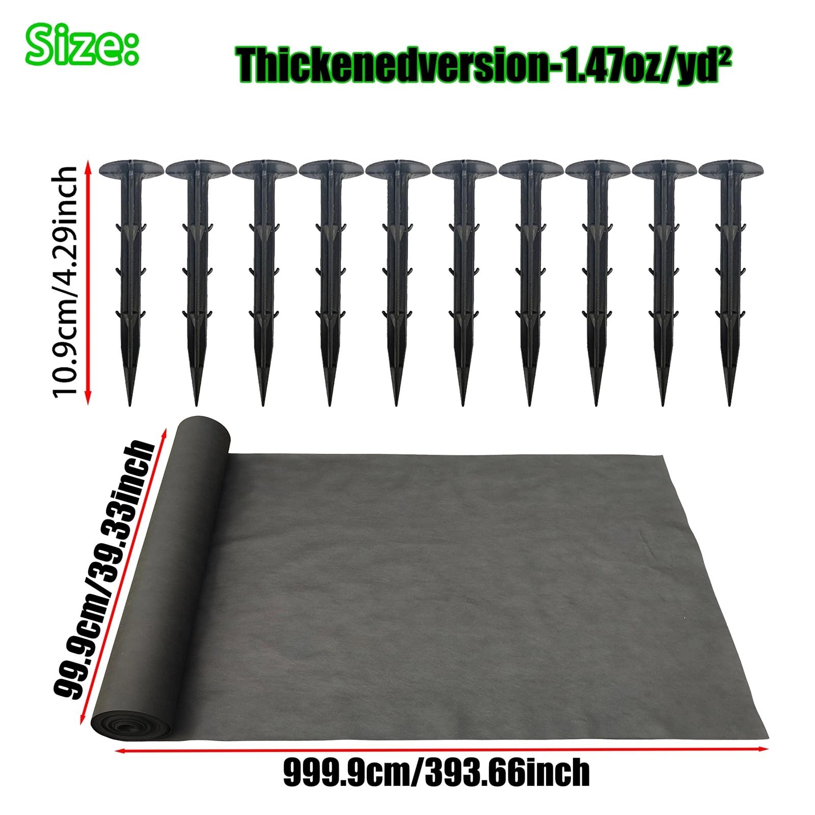 Unkrautvlies Schwarzes grasdichtes Tuch, 1 m breit, mit 10 Bodennägeln, geeignet for Gemüse- und Garten-Unkrautbarrieren(1X10M)