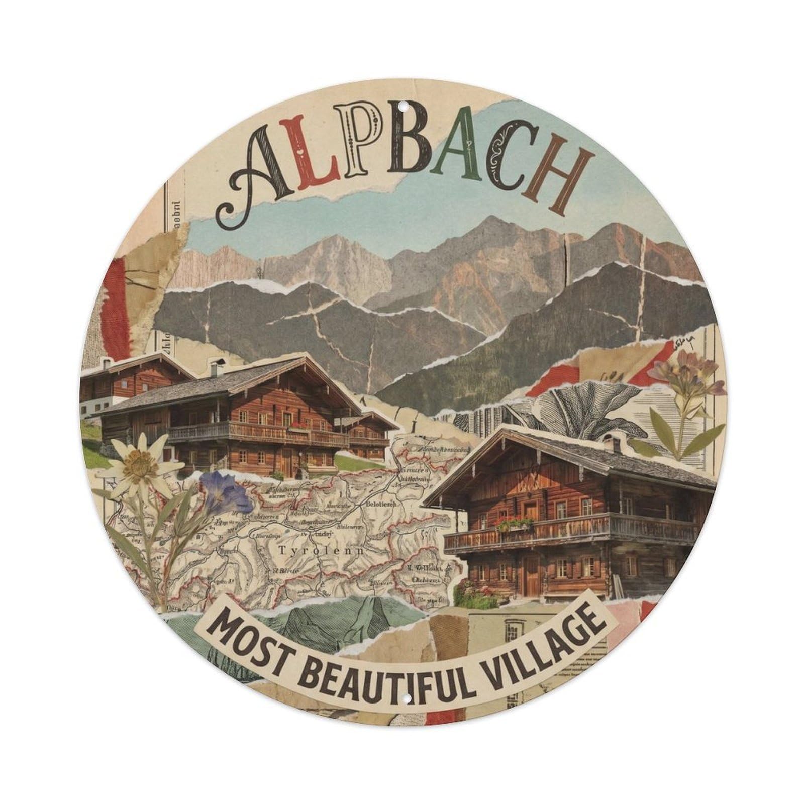Alpbach Austria Tyrolean Village Vintage Travel Heritage Metal Tin Sign Plaque Wall Decor for Cafe, Man Cave, Club Bar, Office, Home Garden Round Metal Poster 8x8Inch