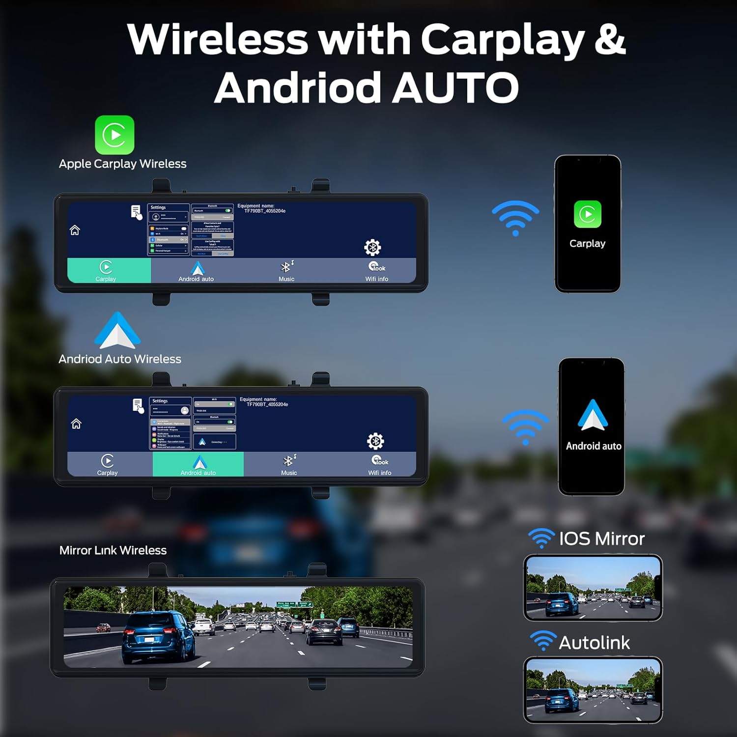 11.26'' 4K Smart Rear View Mirror Dash Cam Front and Rear, Android Auto Carplay with Backup Camera for Car Recording Parking Assistance Night Vision