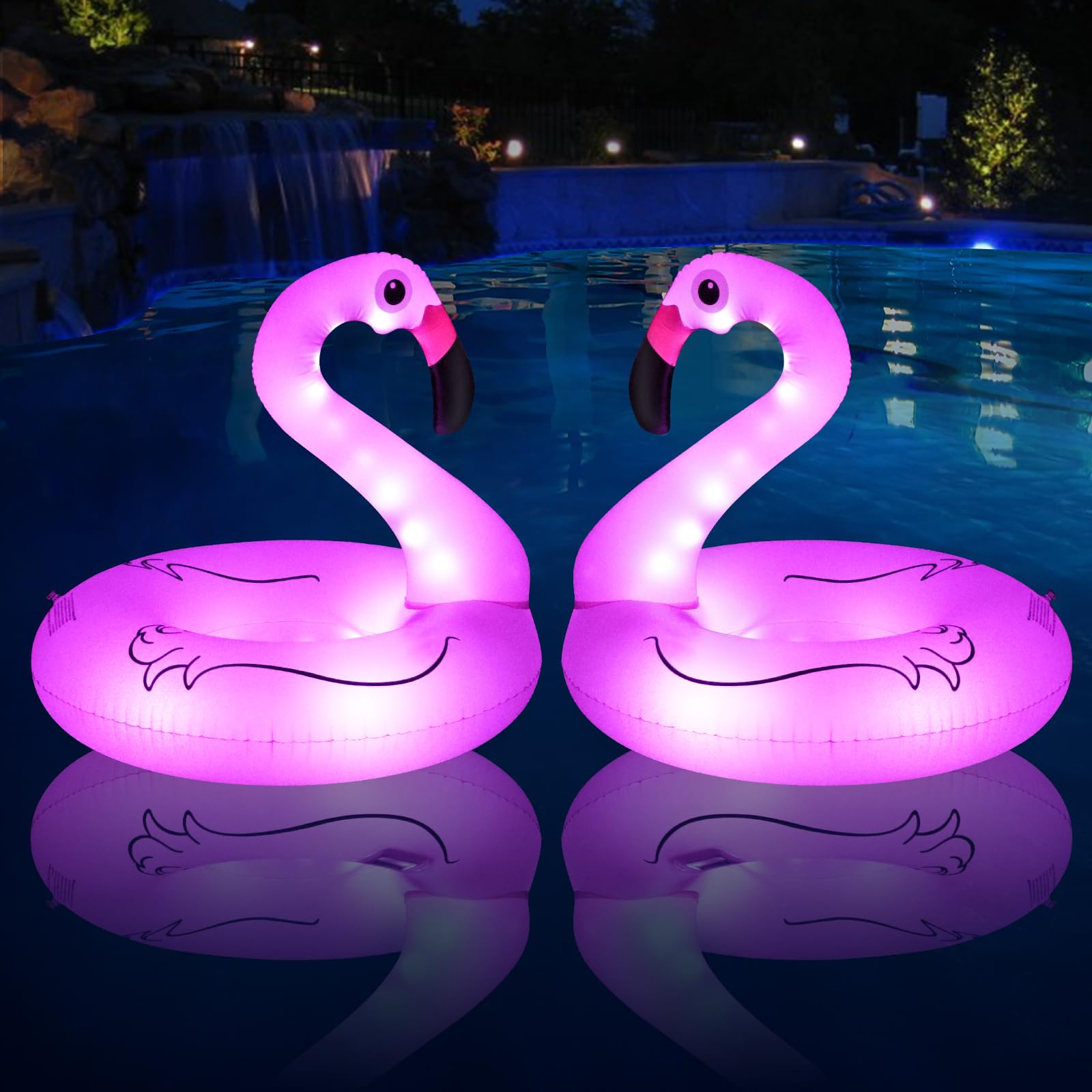 Flamingo Inflatable Pool Floats with Lights, Solar Flamingo Pool Floats for Adults, 42 Inch Pool Float Lake Beach Floaty, Swimming Pool Float Raft Lounge for Adults Party Water Fun(2)