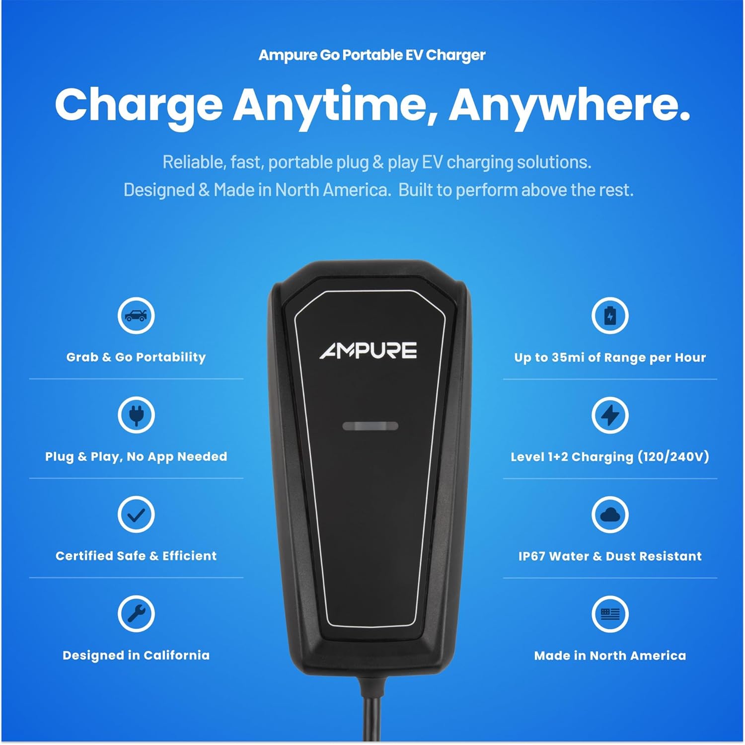 AMPURE Go 1 Portable Level 2 EV Charger – 32A Fast Charging for Electric Cars, 120/240V NEMA 14-50 Plug, SAE J1772–UL & Energy Star Certified, Indoor/Outdoor, Home/Travel Compatible w/All EVs & PHEVs