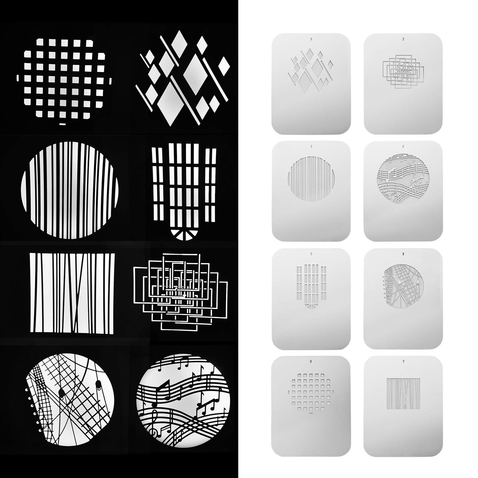 Docooler GOBO Lot de 8 cartes graphiques Gobos Plaques métalliques avec motifs creux pour snoot optique Conique Conique Condensateur Art Effets spéciaux Faisceau lumineux moulé Accessoires d'éclairage
