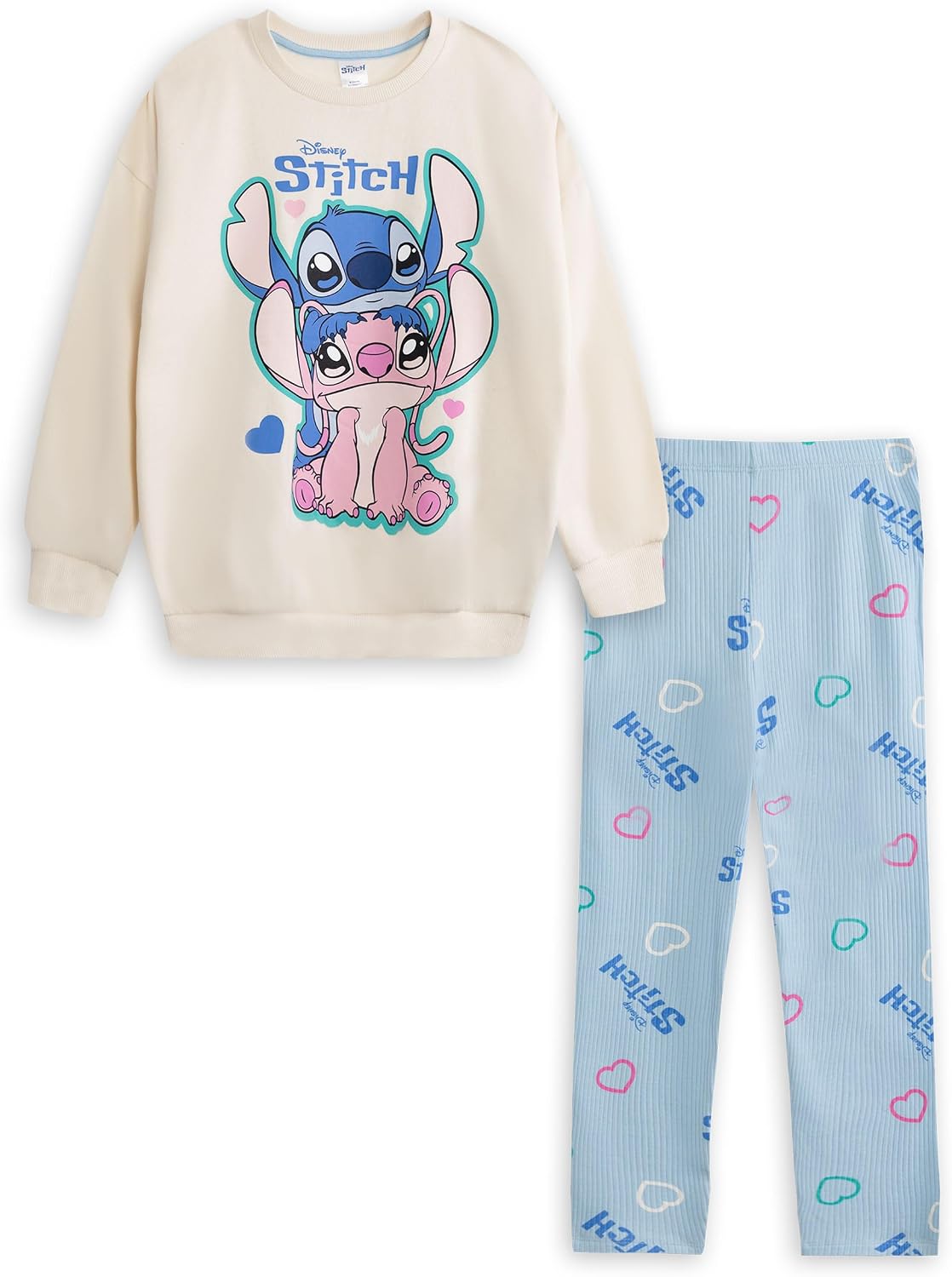 Disney Lilo and Stitch Cream Sweatshirt & Leggings Set for Girls | Long Sleeve Pullover Tracksuit