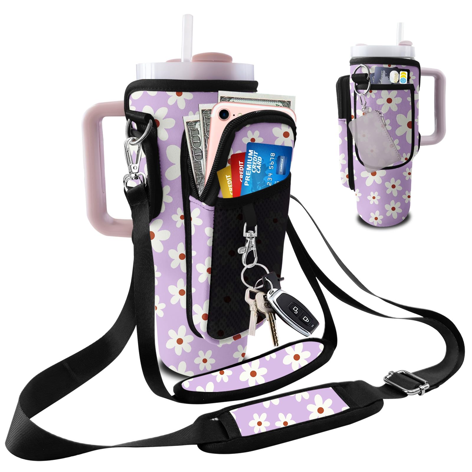 bolimoss Stanley Cup Carrier, Boho Floral Cute Water Bottle Carrier Bag for 40oz Tumbler with Phone with 3 Pockets & 2 Adjustable Straps Stanley Cup Accessories for Hiking Travelling Daisy