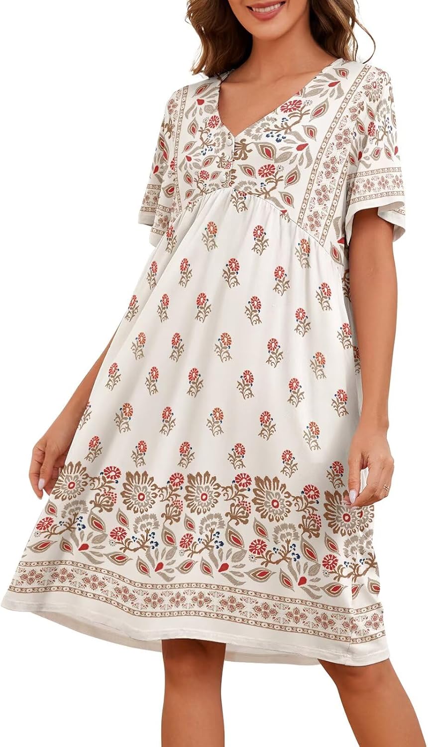 Womens House Dress Floral Print Nightgown with Pockets Mumu Dress S-3XL