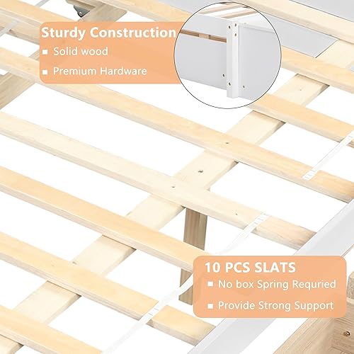 Miniatura 5 de Base de cama de tamaño matrimonial con nido y 2 cajones de almacenamiento, cama nido de madera maciza, cama de plataforma matrimonial para niños,