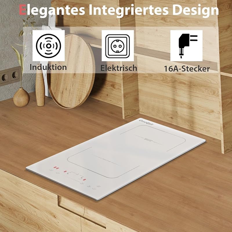 Cooksir Beépíthető Indukciós Főzőlap 2 Égővel, Fehér Kerámia, 3500W, 29cm