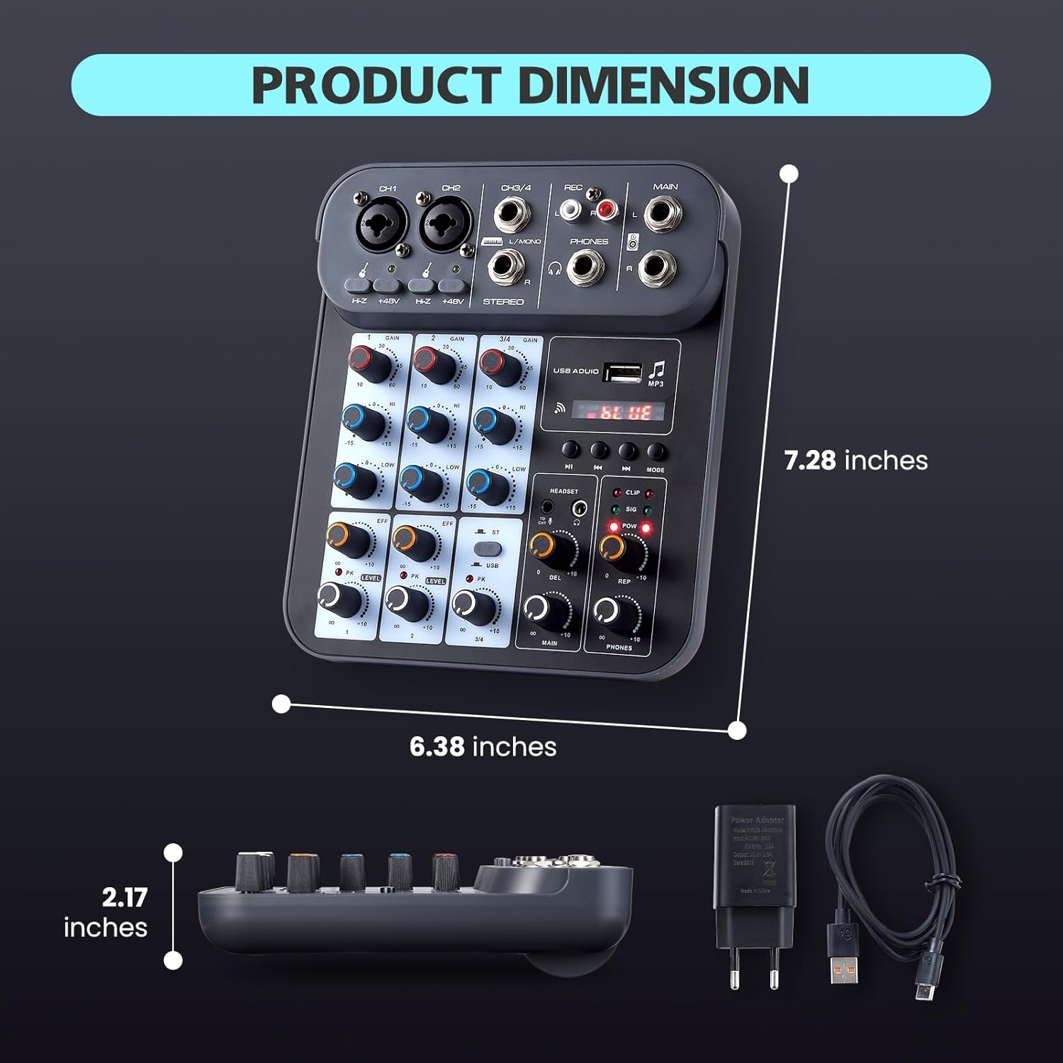 4 Channel DJ Audio Mixer, DJ Mixers Sound Board, Sound Mixer Board XLR 1/4" Interface, BT USB MP3 Computer Input 48V Phantom Power Stereo Karaoke DJ Studio Streaming KTV Stage