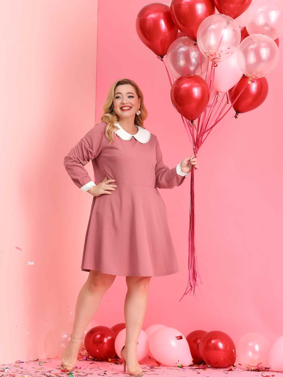 Agnes Orinda Plus Size Dresses for Women Long Sleeve Doll Collars Peter Pan Collar A-line Flare Midi Dress