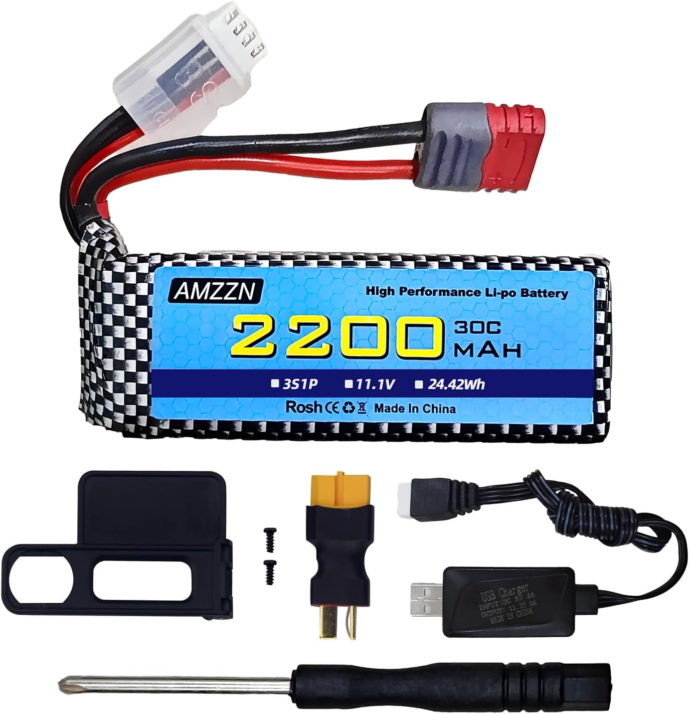 Batterie LiPo 11.1V 3000mAh 3S Avec Chargeur USB - Pour Voiture/bateau RC Brushless (fiche T)