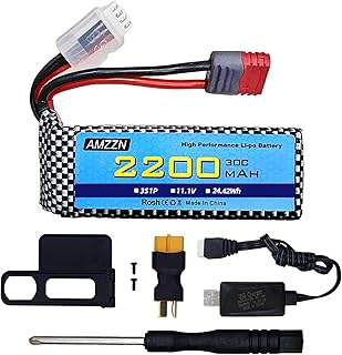 AMZZN 11.1V 2200mAh 30C 3S T-Plug Lipo Battery with USB Charger for MJX H16 H16P H16E H16GT H16BM H16DR H16PL 14301 RC Car, High-Speed Drift Model Toy Car Upgraded Battery (1PCS Battery+1 USB)