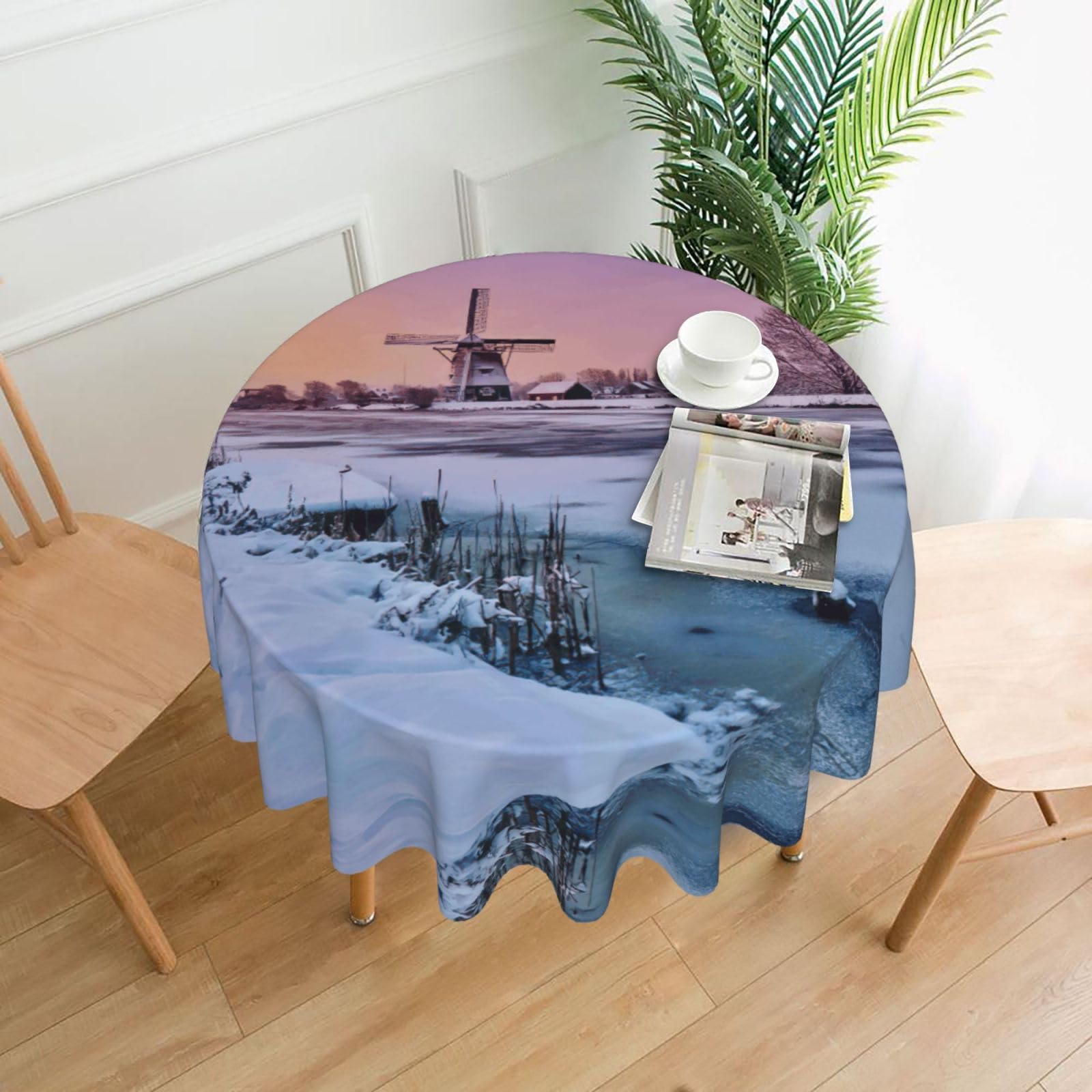 Zcmkjlg Landscape with a Traditional Windmill Print Quick Ship Round Tablecloth 60in Polyester Washable Cover for Dining Room