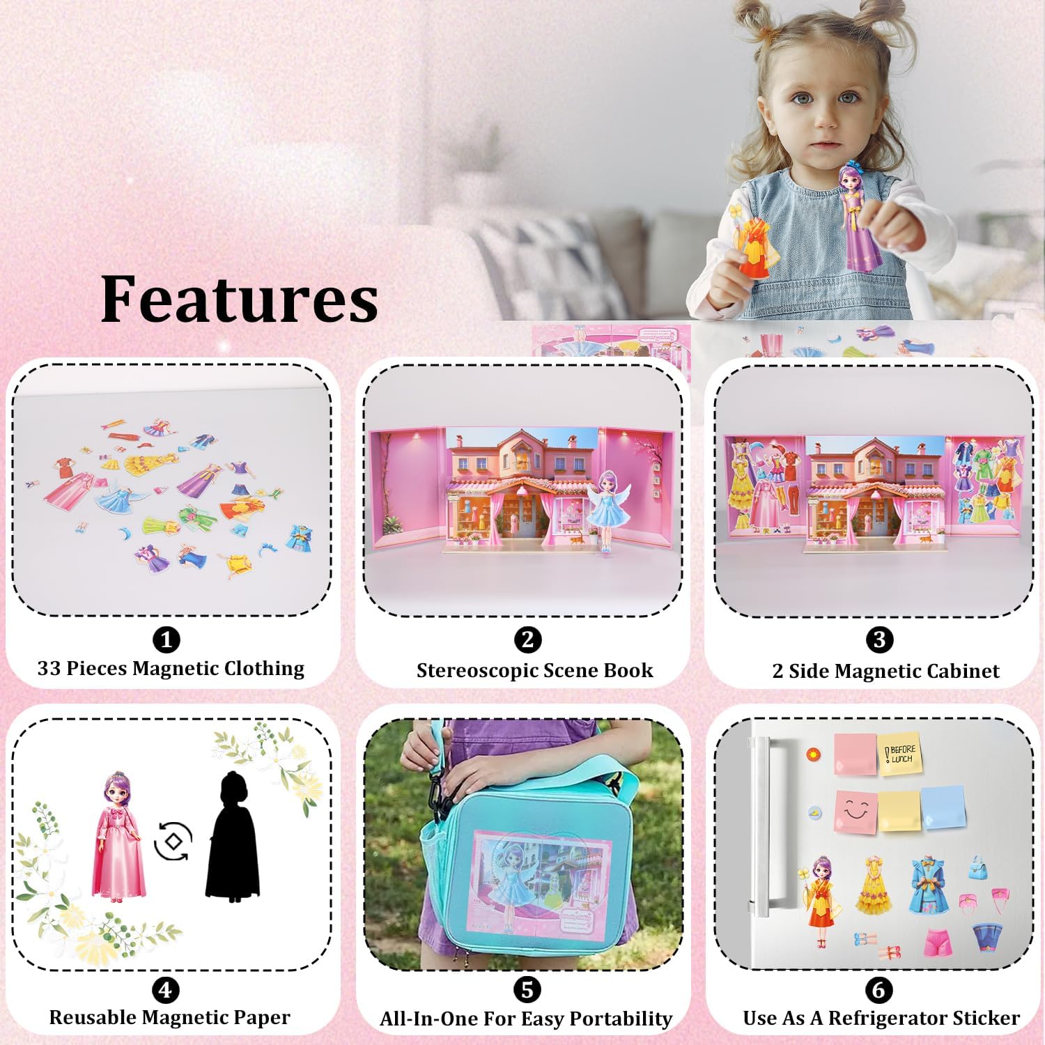 Yuzee Magnetic Dress Up Paper Dolls for Girls Ages 4-7 Princess Game Toys, Magnetic Doll Dress Up Kit Includes 1 Paper Doll and 33 Clothing Accessories with 3D City Building Mall, Girls Dress Up Game