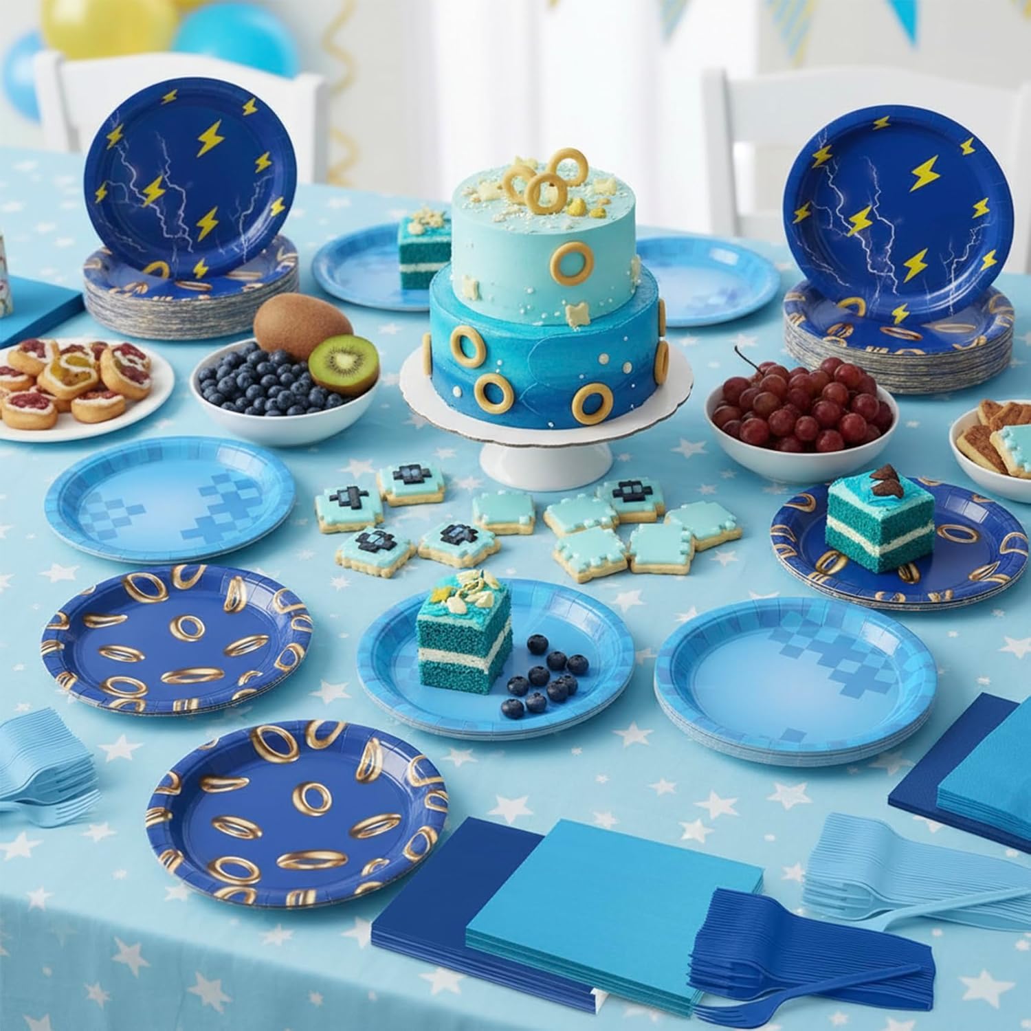 Party Paper Plates and Napkins Supplies | 200pcs | 50 7inch Dessert Plates | 50 9inch Disposable Plates | 50 Napkins | 50 Forks for Baby Shower Birthday Video Game Hedgehog Cartoon - Image 3