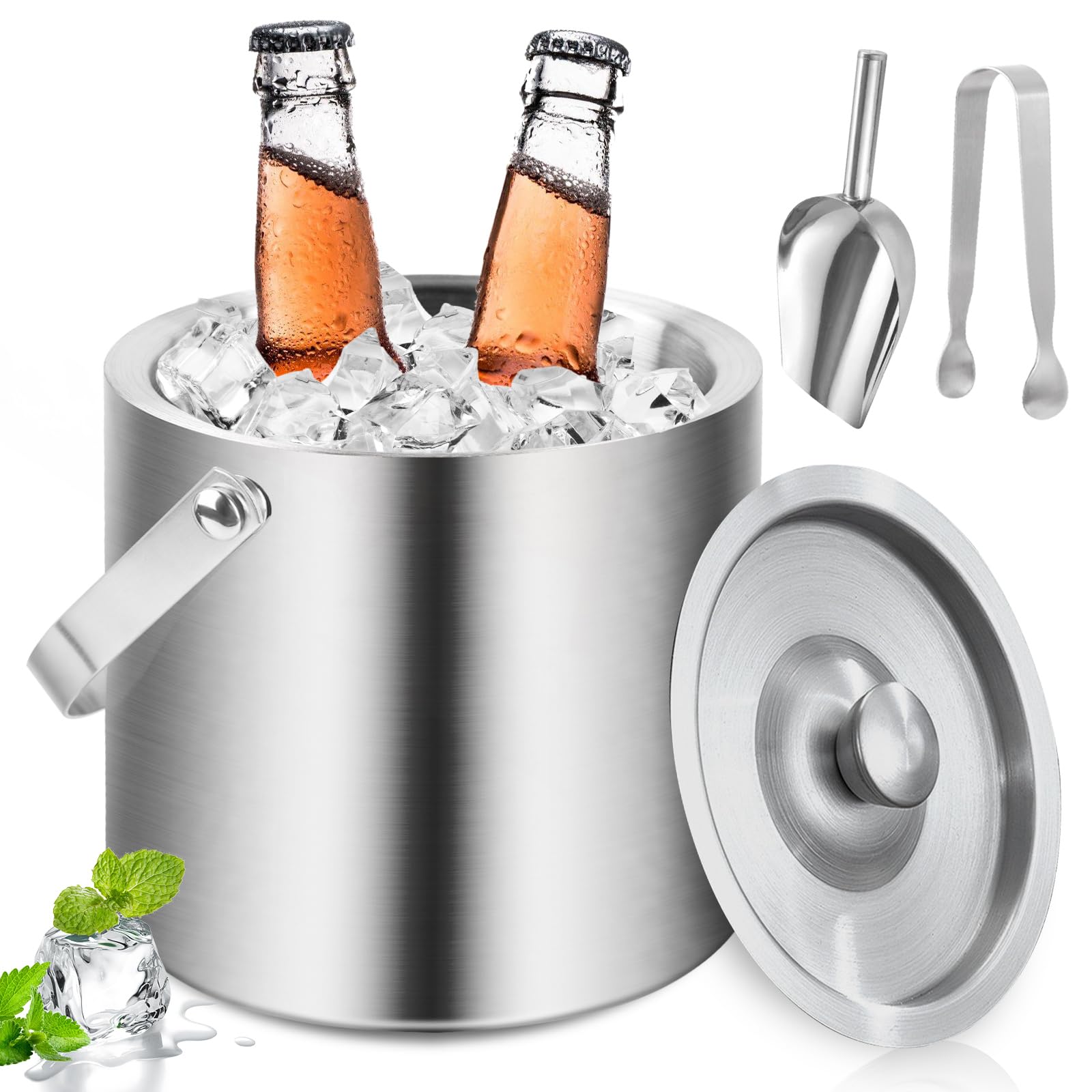 Seau à glaçons Isotherme 3L, Seau a glacon Isotherme en Acier Inoxydable Double paroi, Seau à Champagne avec Pince et Pelle, Seau glacon pour Bar fête Maison