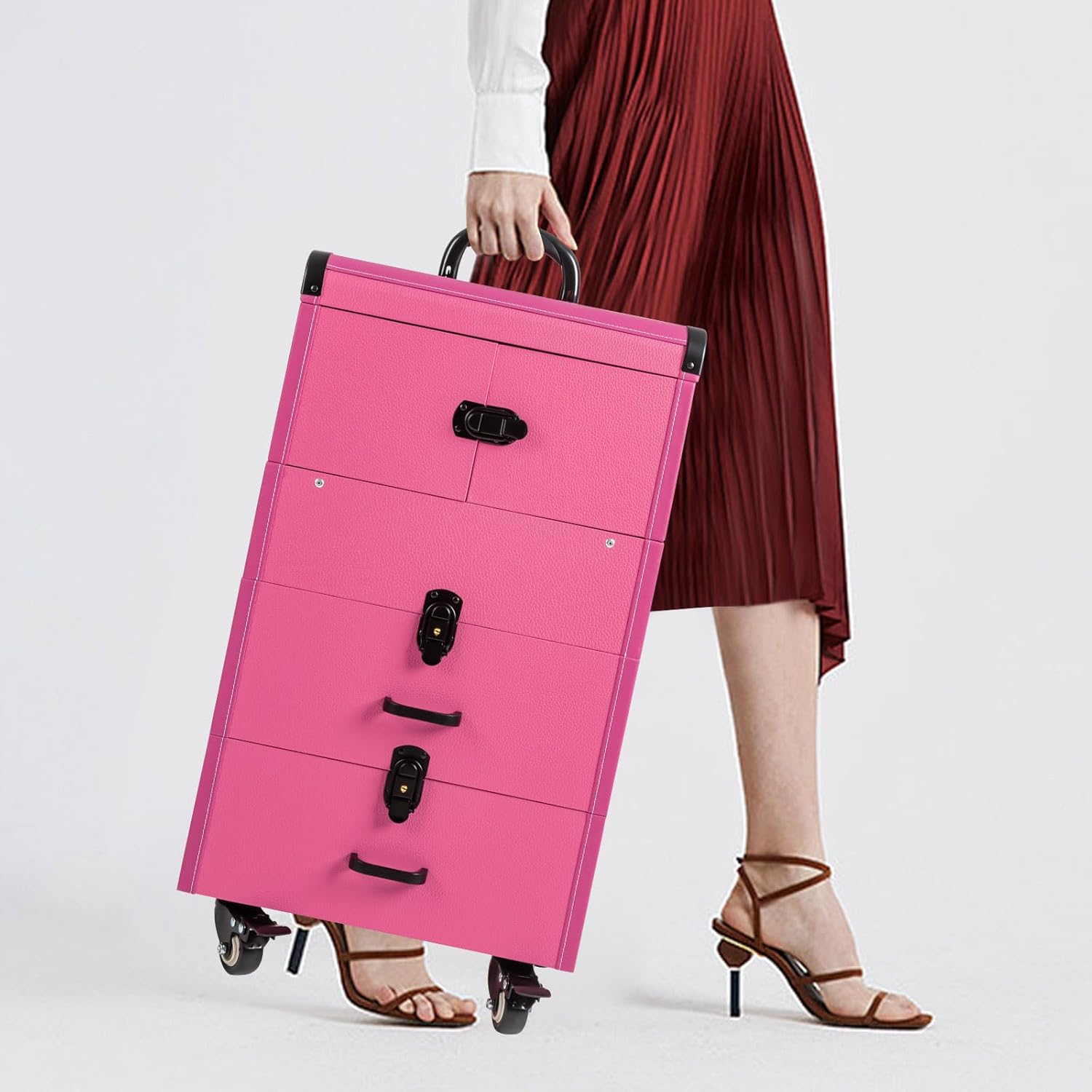 PERFERATE 4 in 1 Makeup Rolling Train Case Large Storage Cosmetic Trolley Cosmetology Cart on Wheels Professional Cosmetic Vanity Trunk with Lock & 2 Keys Nail Artist Salon Storage (Rose)