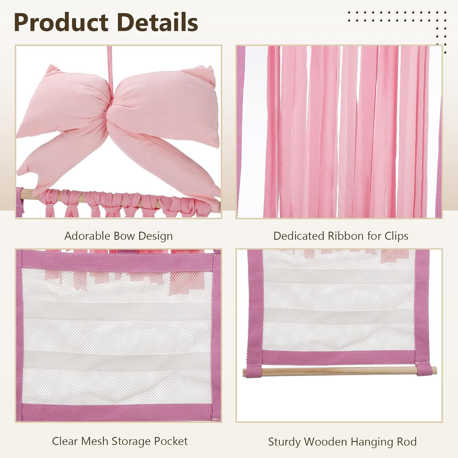 Hair Bow Organizer, Pink Wall Mount Storage Hanger with Mesh Pocket, 37.4 x 14.6 in Display Rack for Hair Clips, Headbands & Bows, Decorative Wall Storage for Bedroom Interior Organization image 3