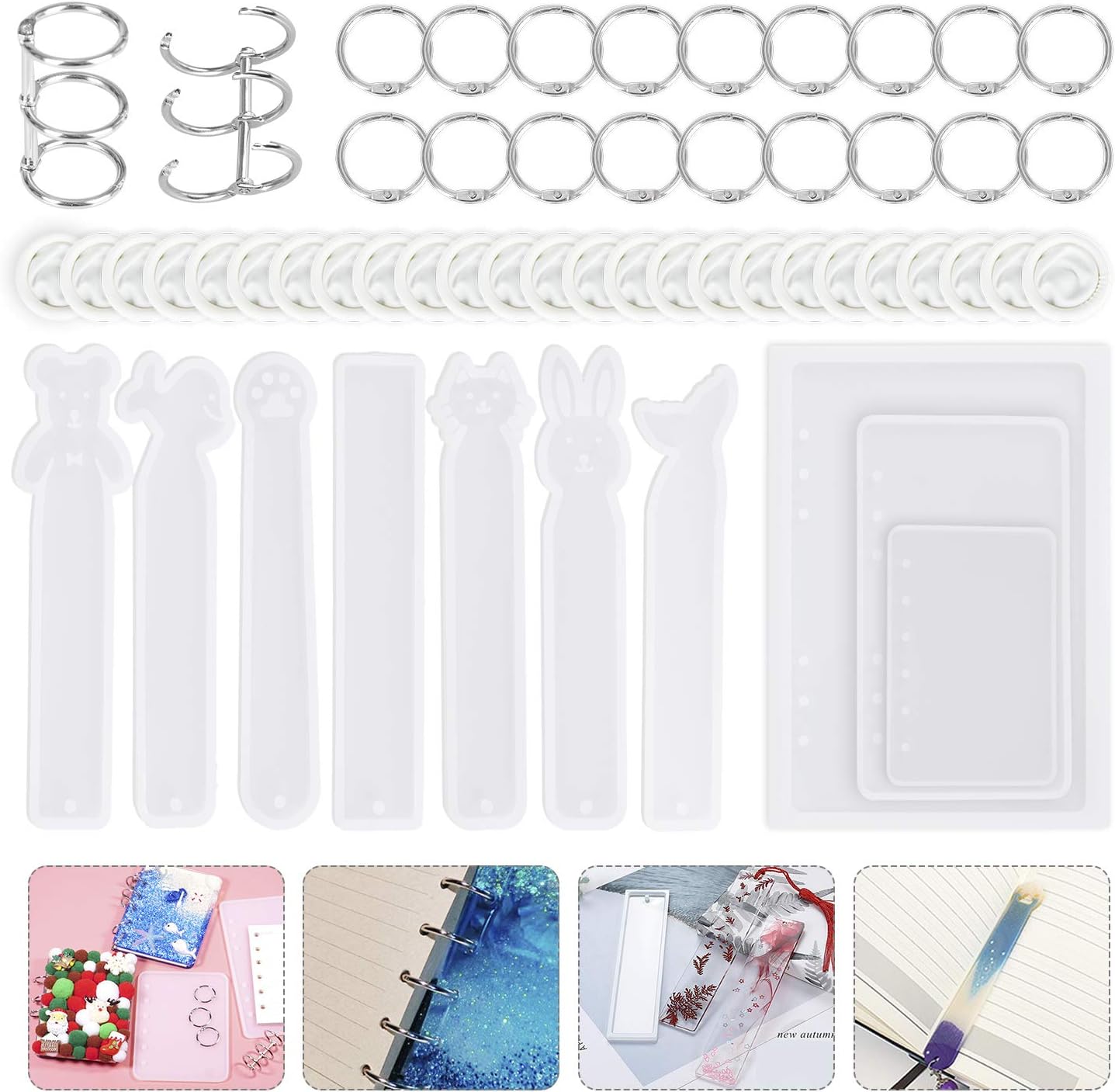 HOMEIDOL Resin Casting Molds for Notebook Cover A5 A6 A7, Silicone Bookmark Resin Mold 10 PCS, Silicone Notebook Cover Clear Casting Epoxy Resin Molds with 20PCS Book Rings for Epoxy Resin Jewelry DIY