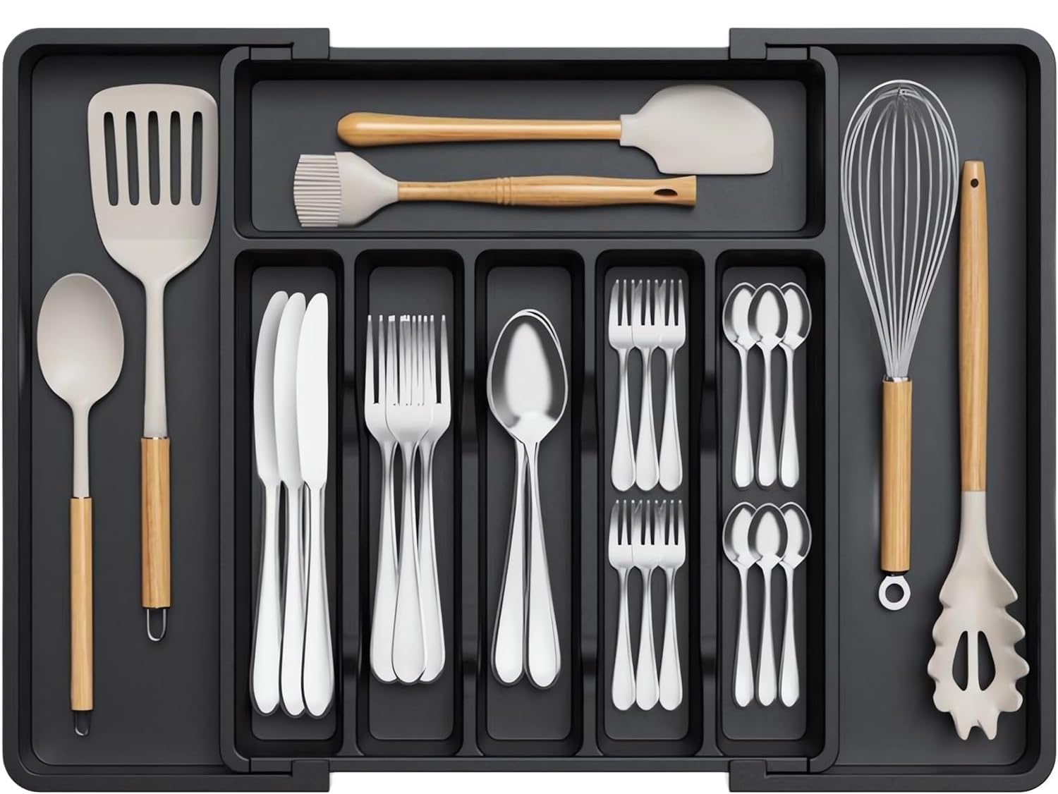 mechdel Expandable Kitchen Drawer Organizer, 8-Slot BPA-Free Plastic Utensil Tray, Adjustable Flatware and Cutlery Holder for Spoons, Forks, and Knives, Kitchen Storage and Organization, Black